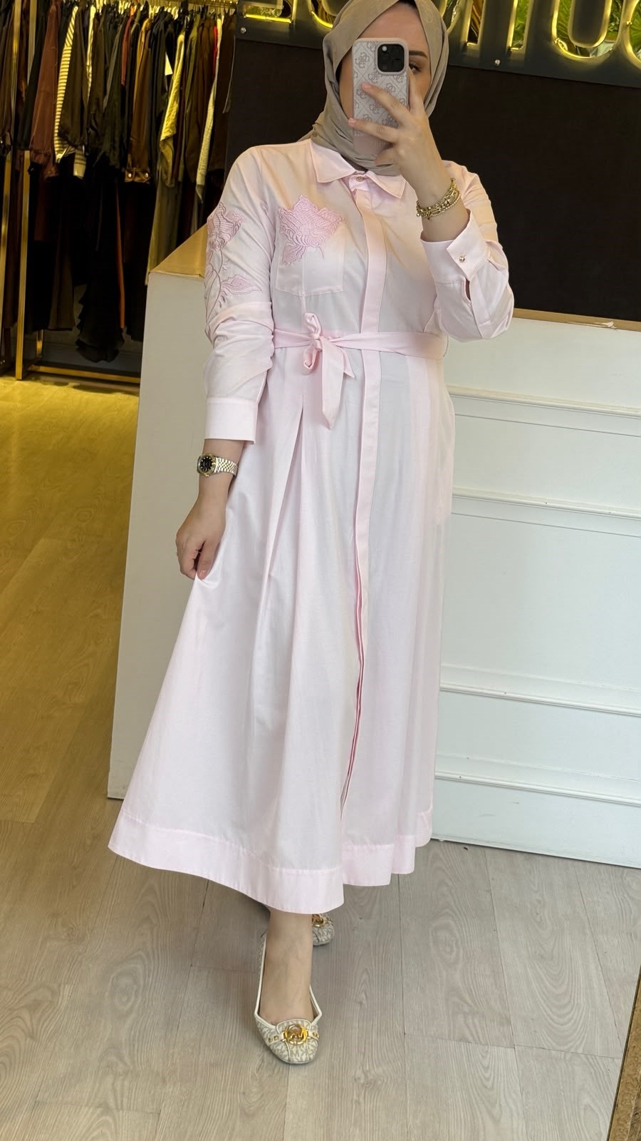 PEARLY Cep Nakışlı Poplin Elbise