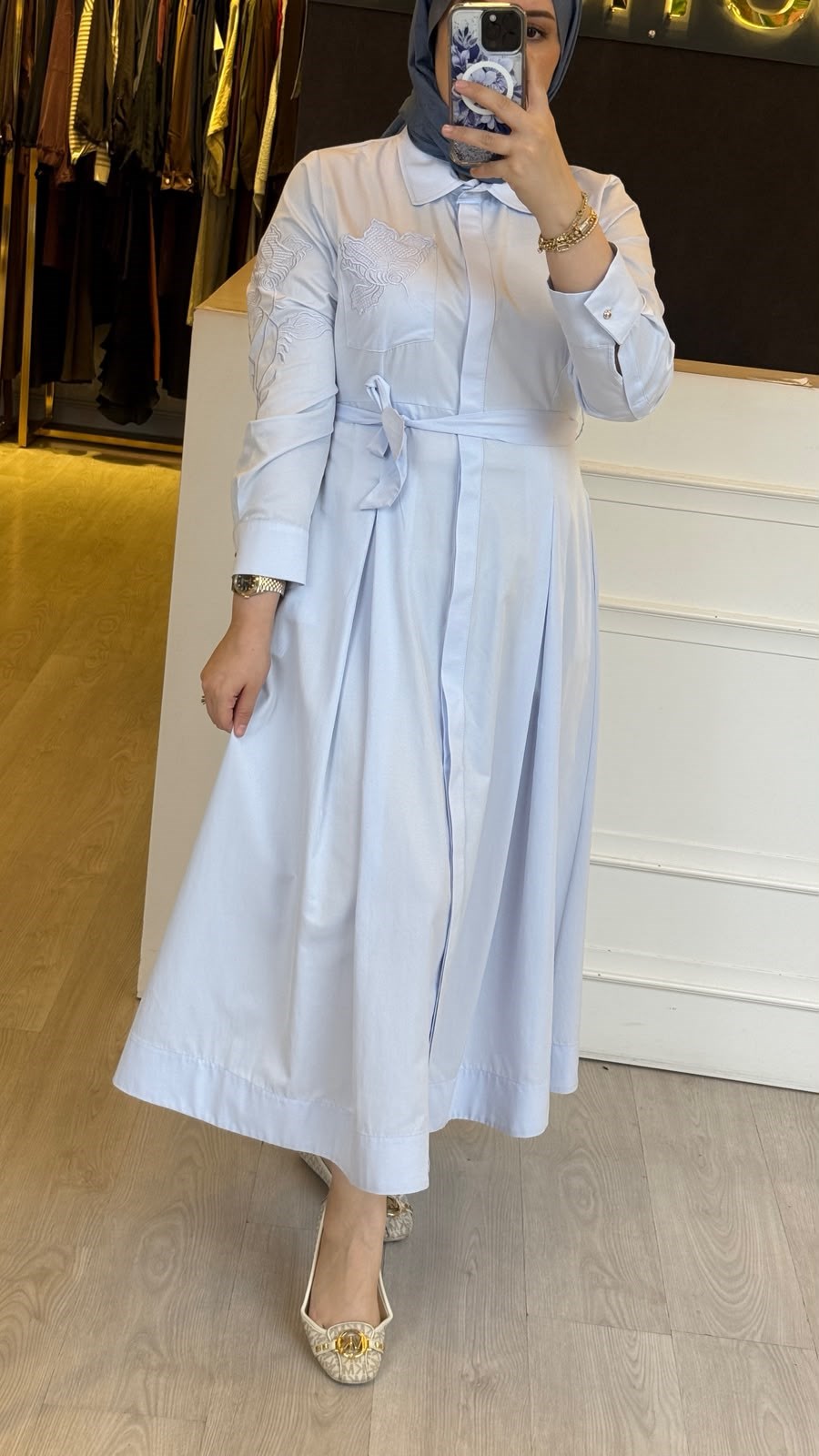 PEARLY Cep Nakışlı Poplin Elbise