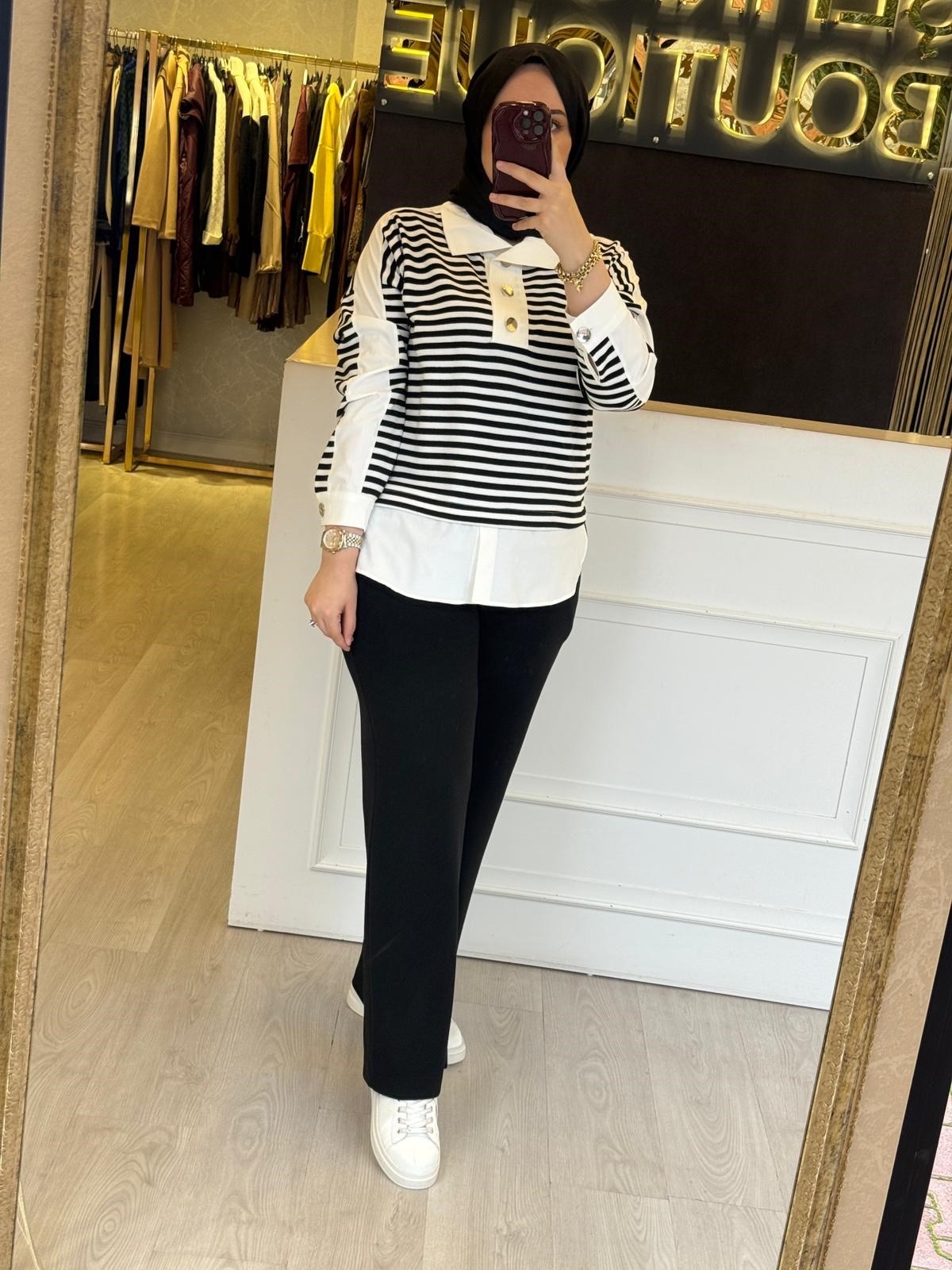 PEARLY Çizgili Gömlek Tip Tunik Pantolon Takım