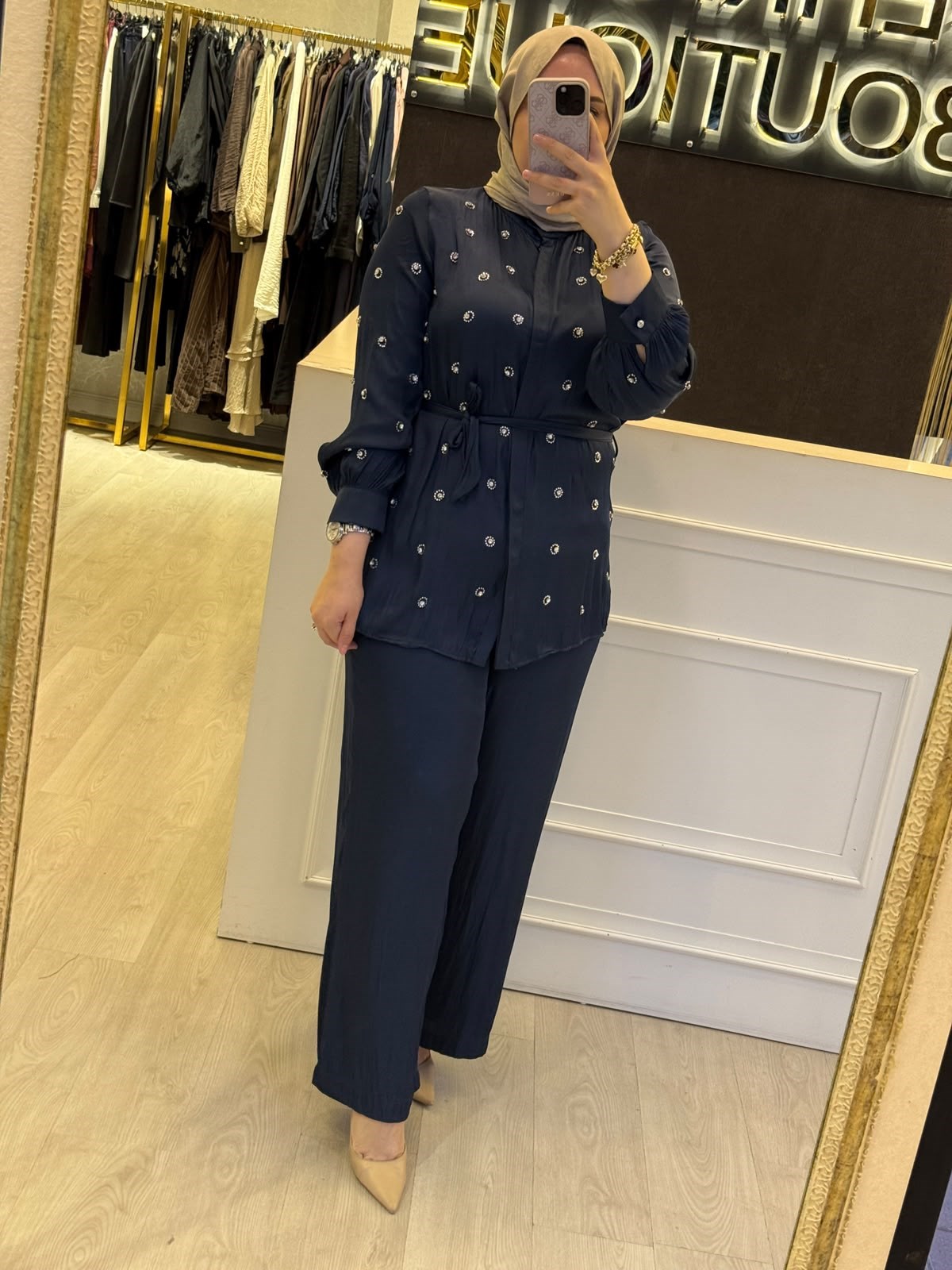 PEARLY Taş Detaylı Saten Gömlek Takım