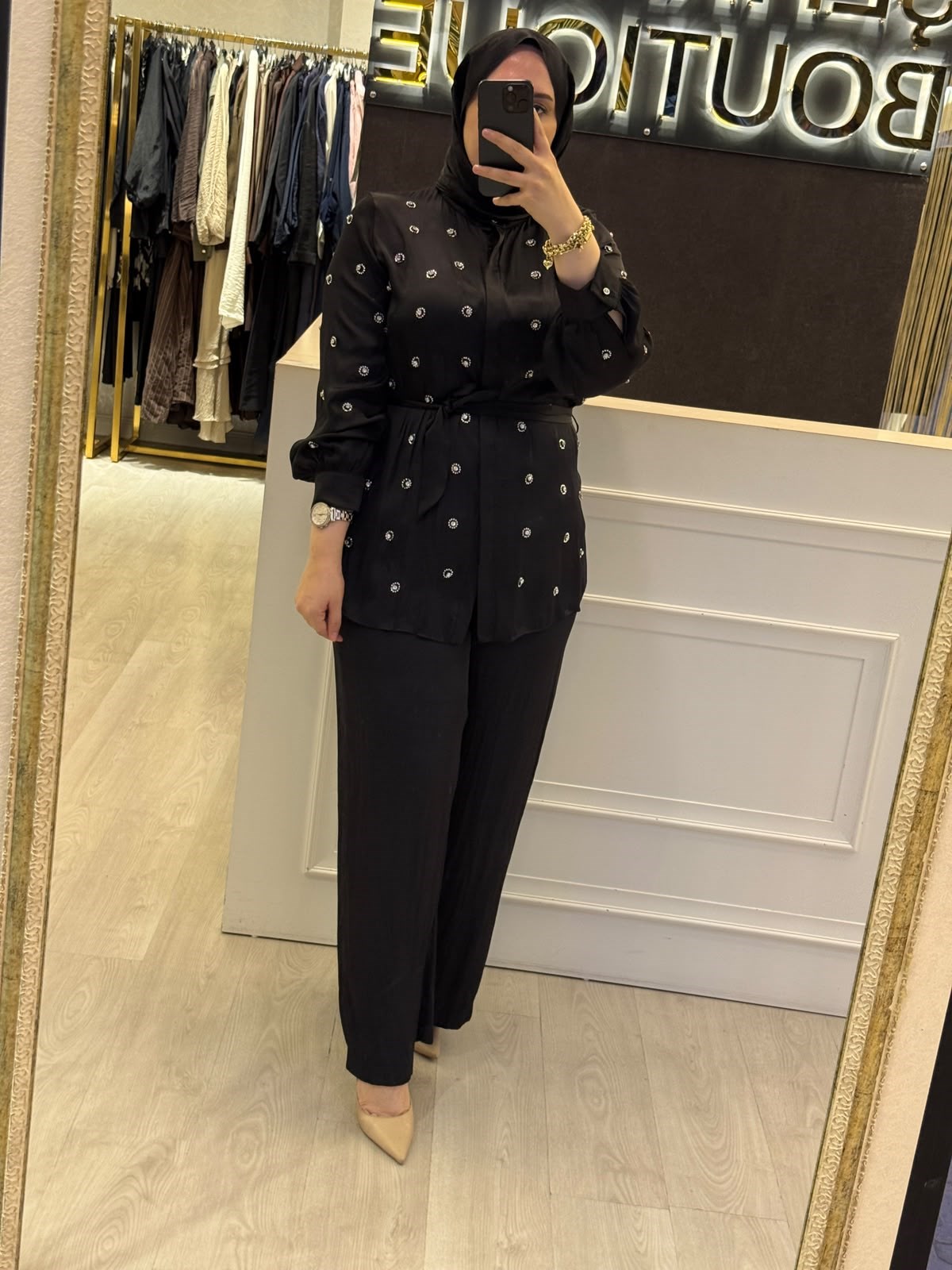 PEARLY Taş Detaylı Saten Gömlek Takım
