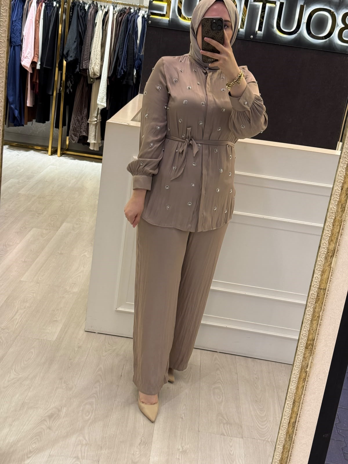 PEARLY Taş Detaylı Saten Gömlek Takım