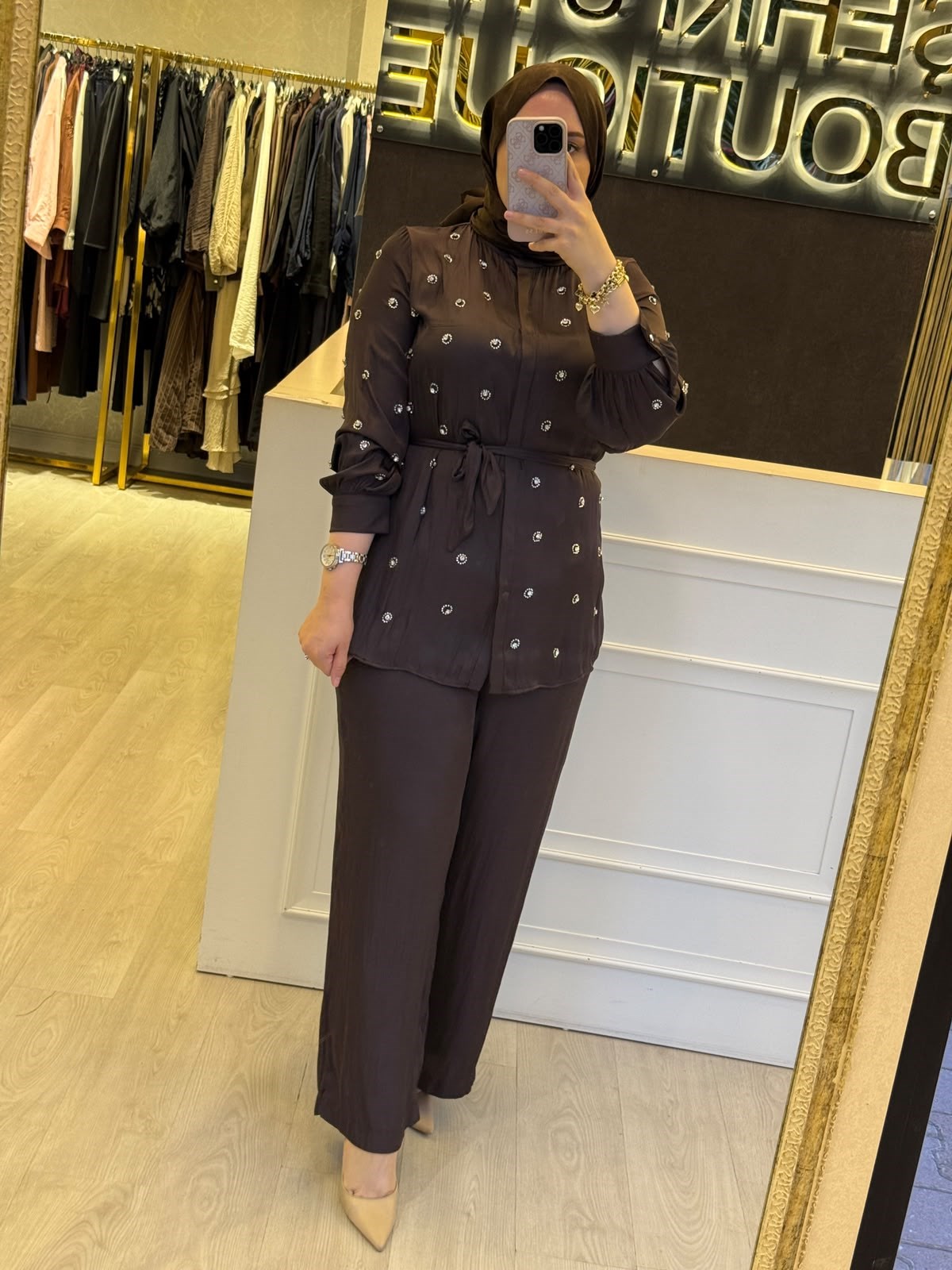 PEARLY Taş Detaylı Saten Gömlek Takım