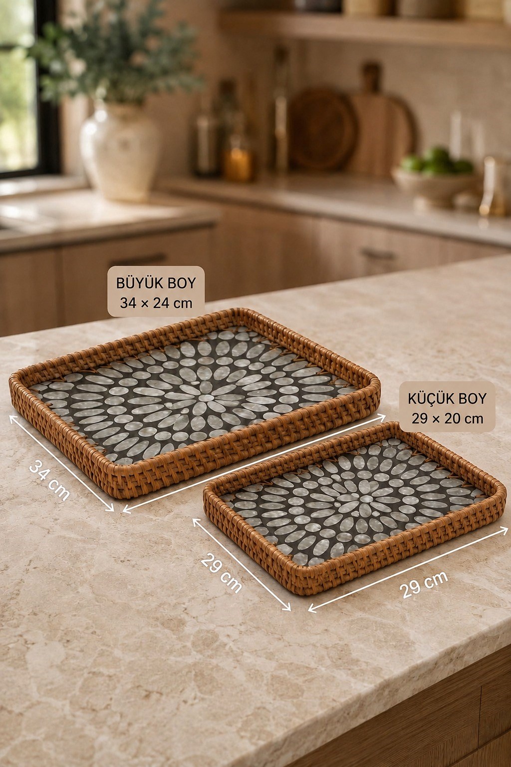 Sedefli Rattan Desenli Sunum Dikdörtgen Tepsi Seti 2'li 34/29 cm
