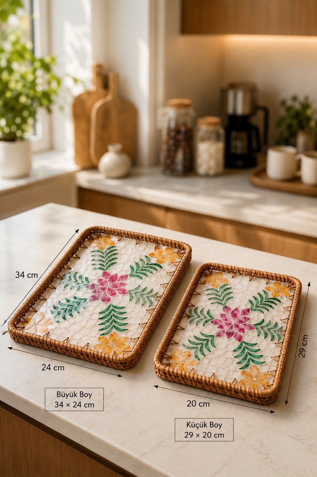 Sedefli Rattan Renkli Desenli Sunum Dikdörtgen Tepsi Seti 2'li 34/29 cm