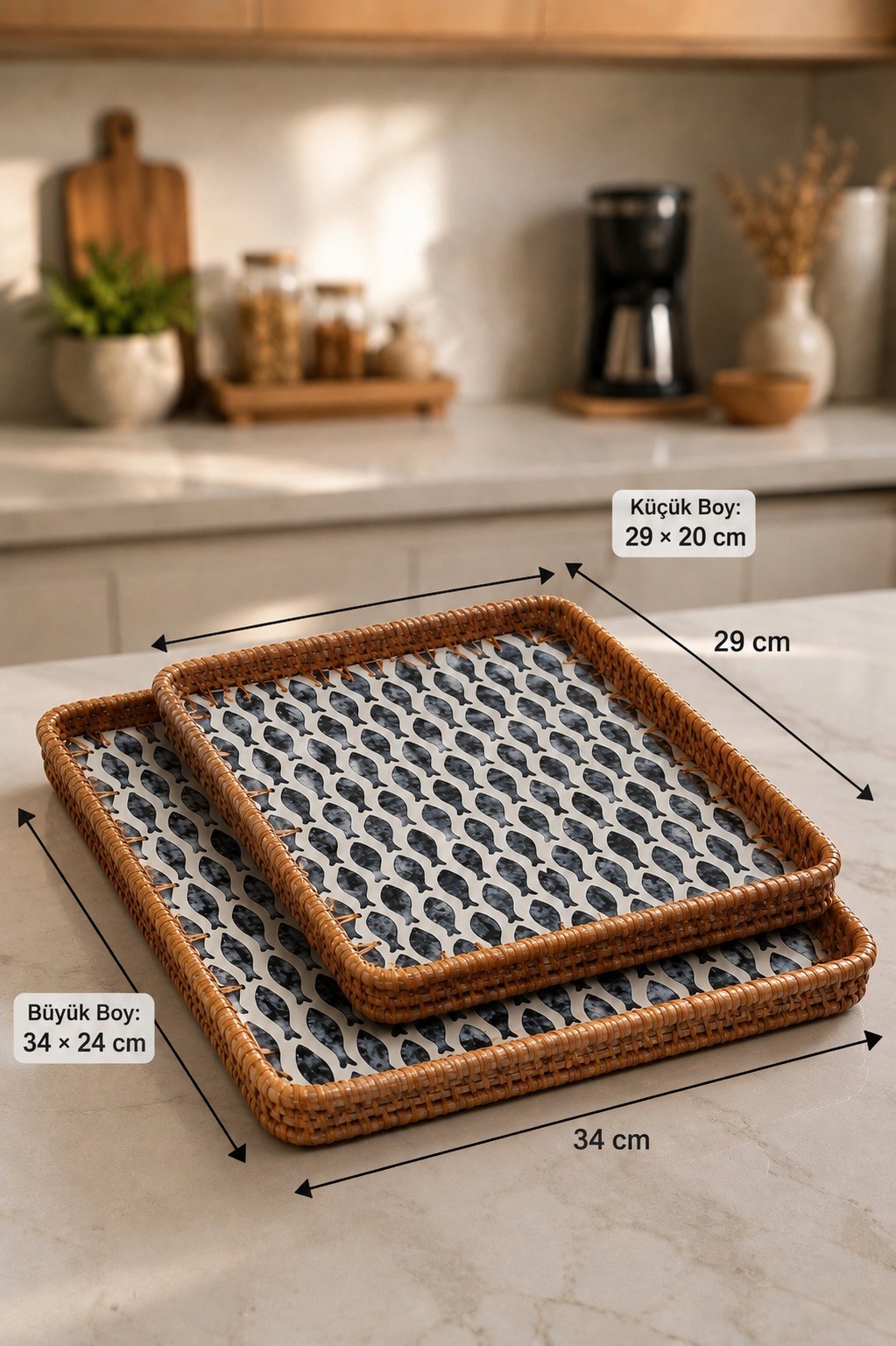 Sedefli Rattan Sunum Dikdörtgen Tepsi Seti 2'li 34/29 cm