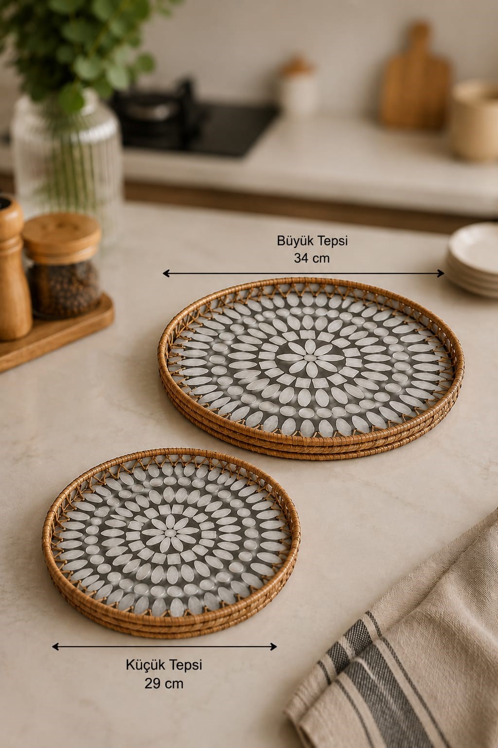 Sedefli Rattan Sunum Yuvarlak Tepsi Seti 2'li 34/29 cm