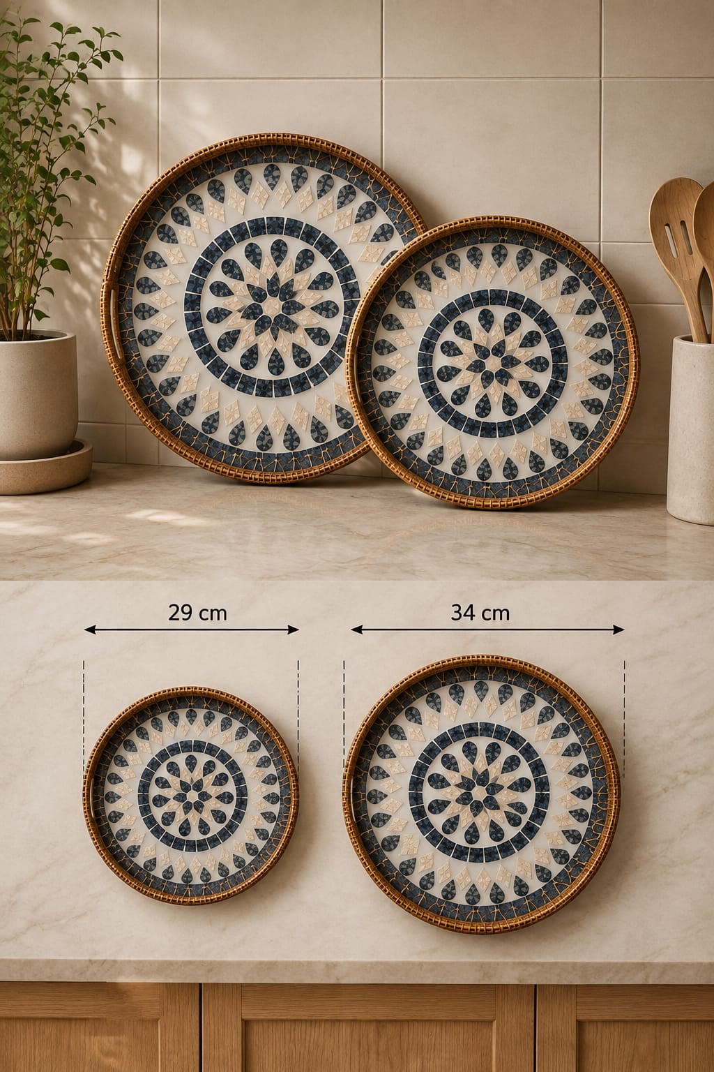 Sedefli Rattan Yuvarlak Sunum Tepsisi Seti 2'li 34/29 cm Dekoratif
