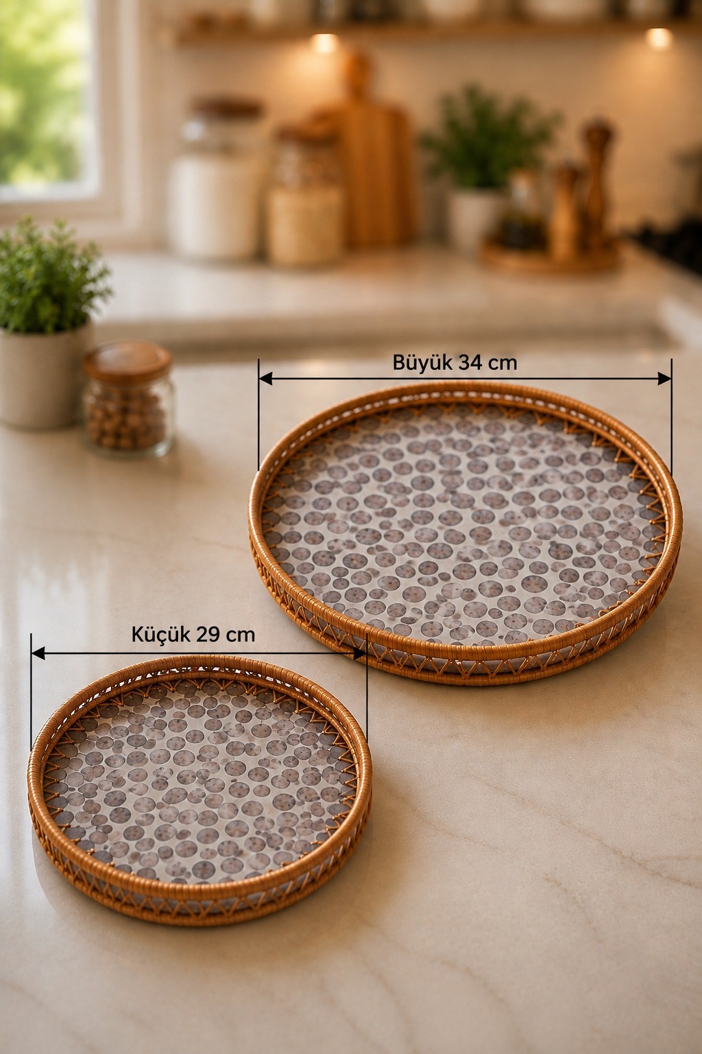 Sedefli Rattan Yuvarlak Tepsi Seti 2'li 34/29 cm