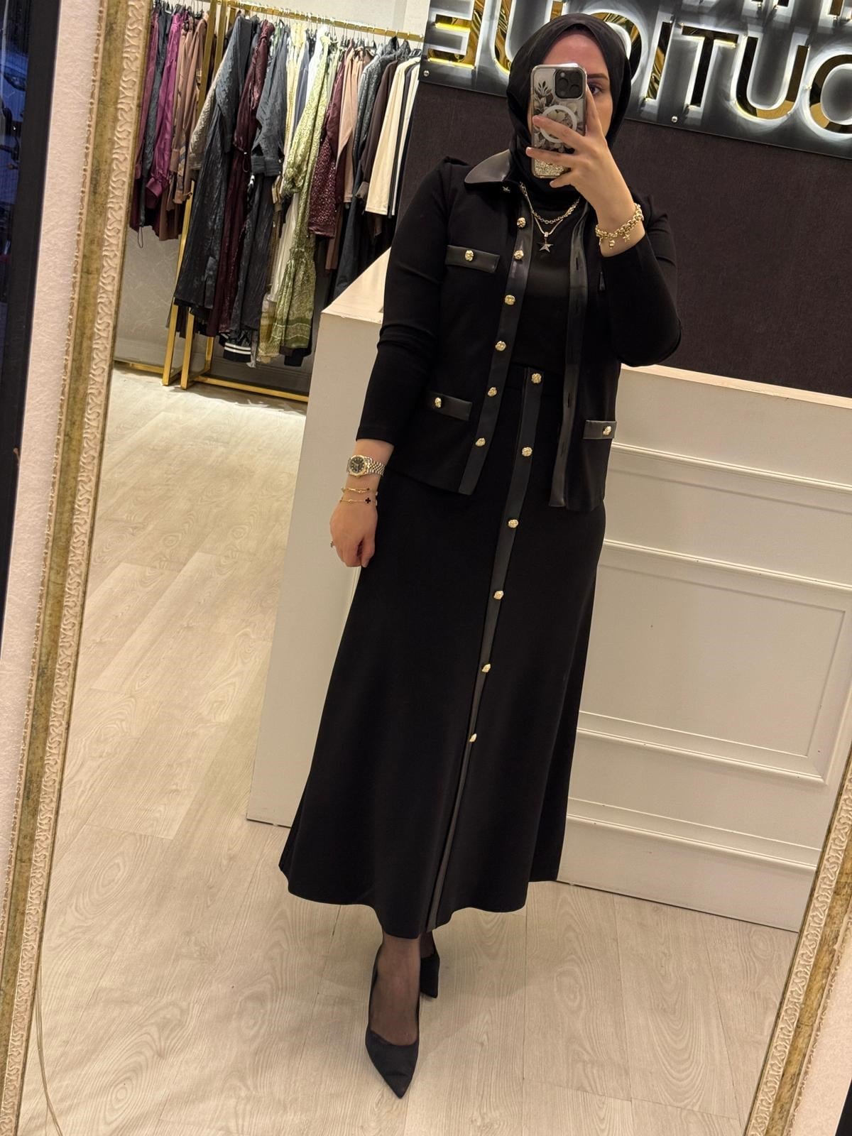 Sİ Design my8 4143 - 3116 Deri Detaylı Gold Düğmeli Bluz Etek Takım