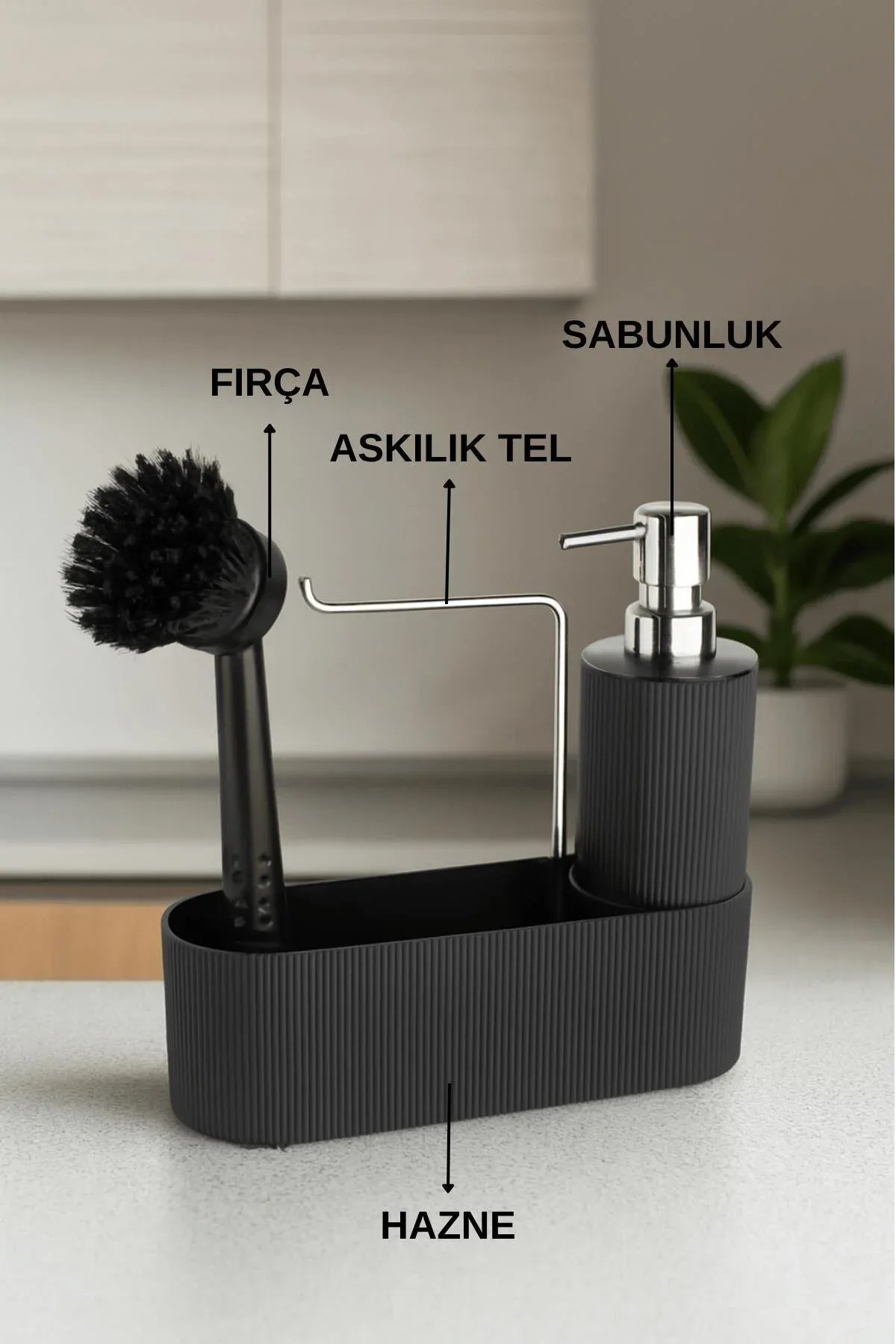 Siyah Mutfak Lavabo Düzenleyici Set – Çizgili Sabunluk & Fırçalık
