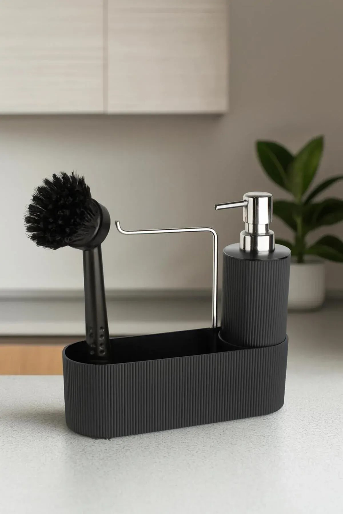 Siyah Mutfak Lavabo Düzenleyici Set – Çizgili Sabunluk & Fırçalık