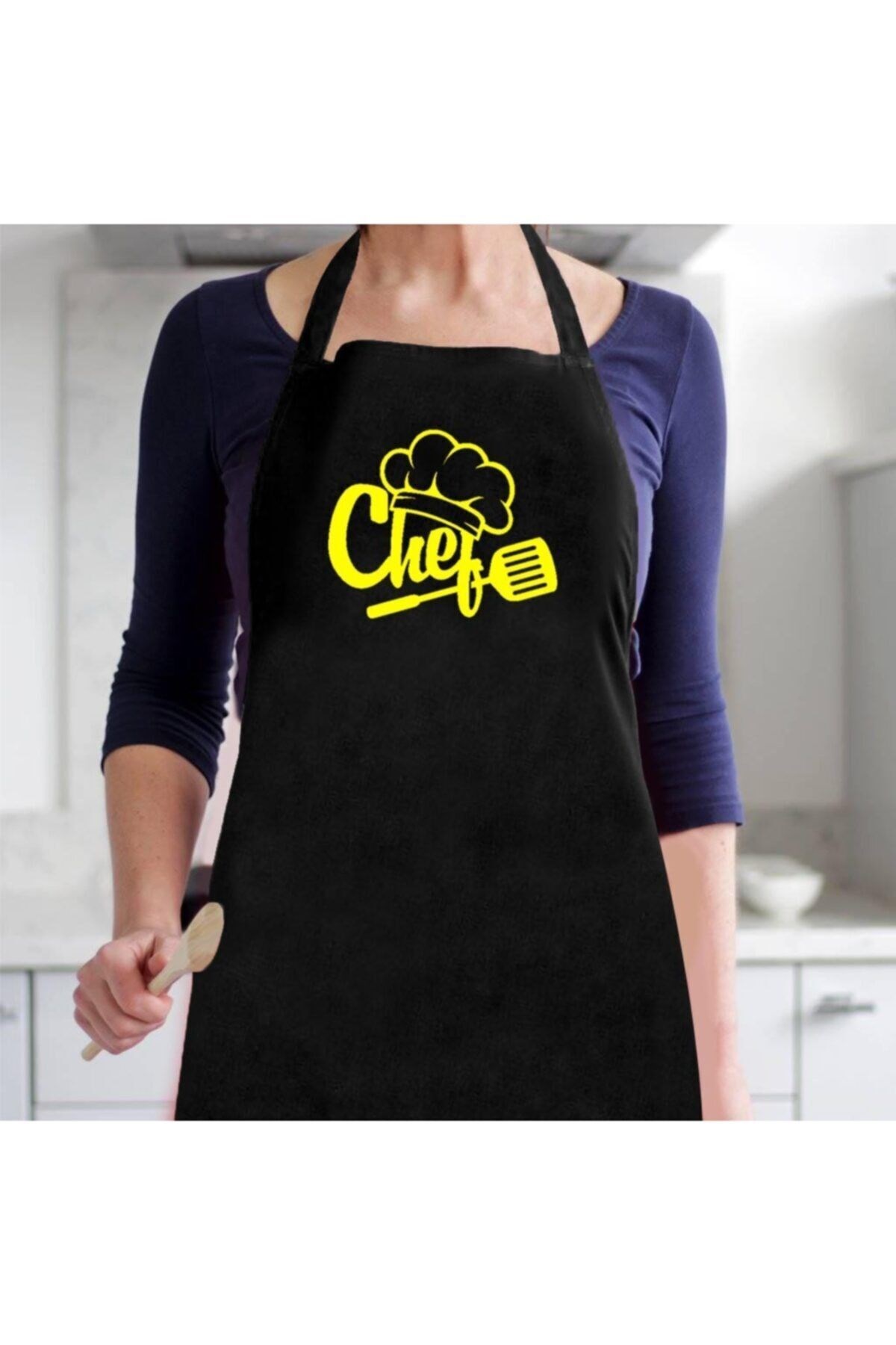 Siyah Önlük Chef Aşçı Şef Mutfak Önlüğü