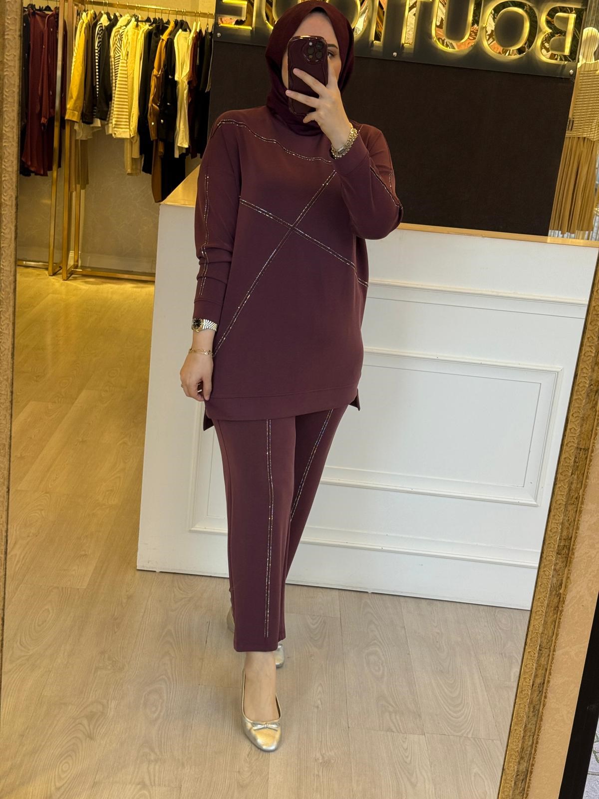 TIĞ TRİKO Nervür ve Sıralı Taş Detaylı Tunik Pantolon Takım