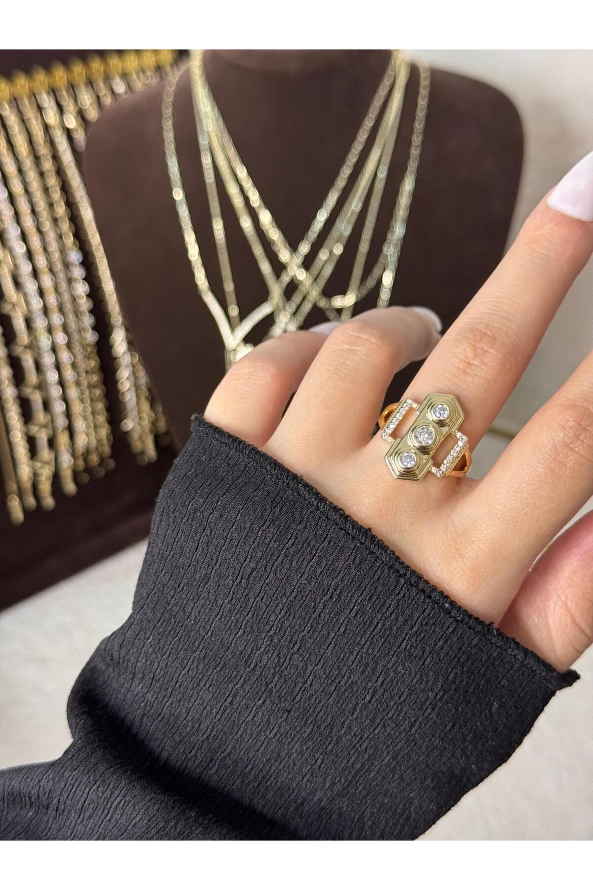 Üç Baget Zirkon Taşlı Ayarlanabilir Yüzük – Paslanmaz Çelik Gold