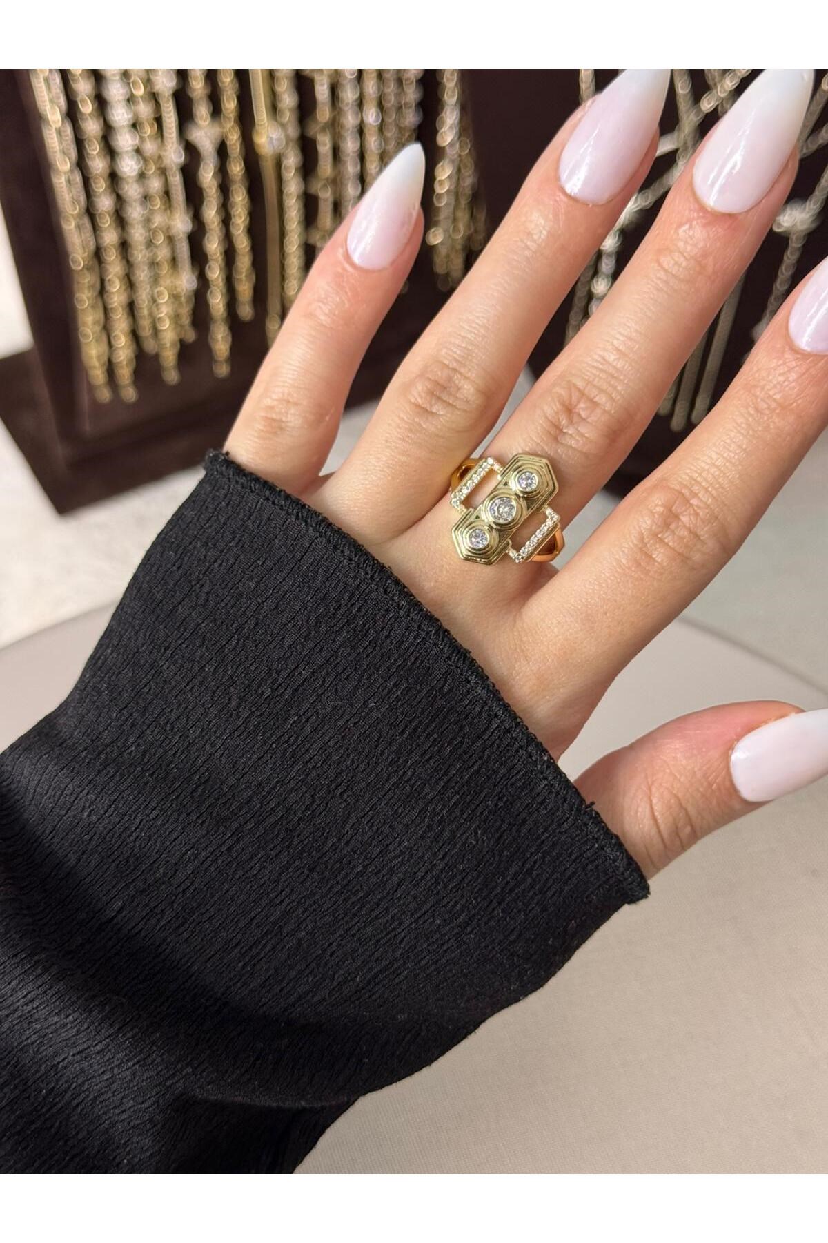 Üç Baget Zirkon Taşlı Ayarlanabilir Yüzük – Paslanmaz Çelik Gold