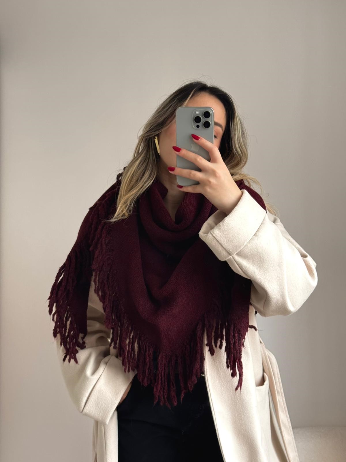 Üçgen Püsküllü Triko Şal Bordo