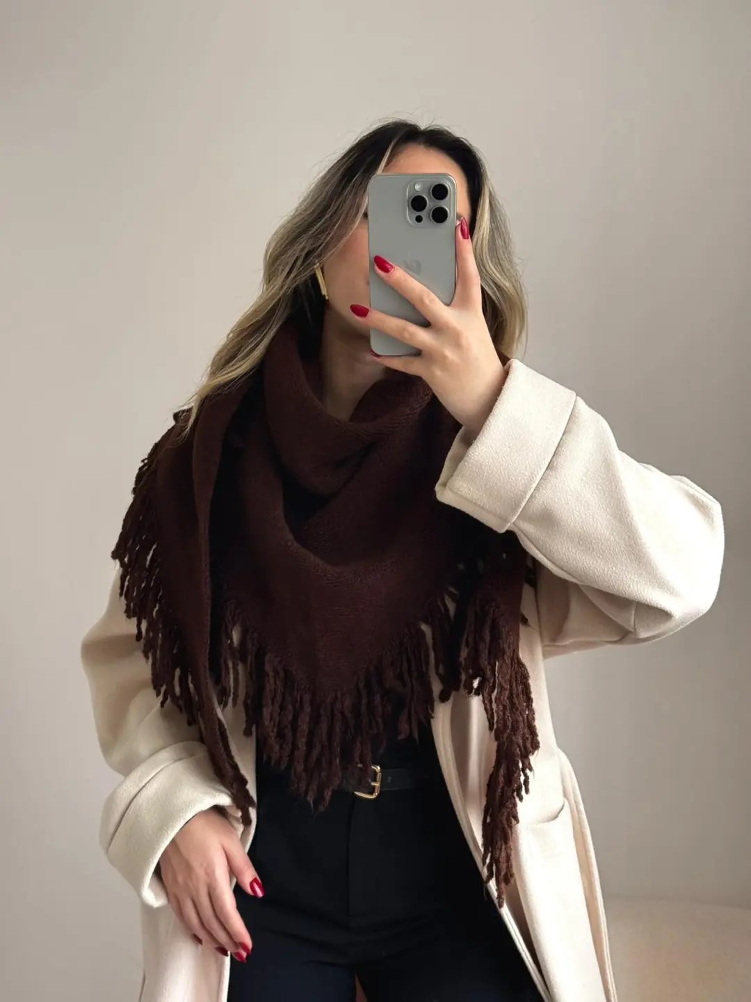 Üçgen Püsküllü Triko Şal Bordo