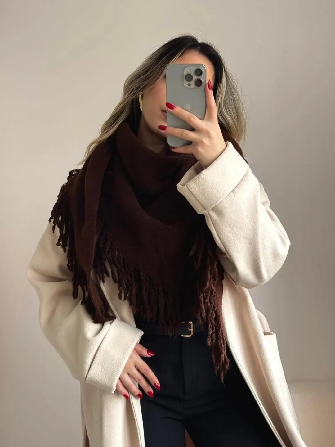 Üçgen Püsküllü Triko Şal Bordo
