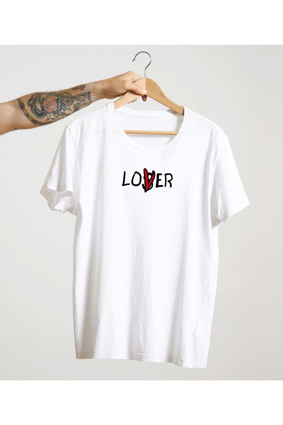 Unisex Beyaz %100 Pamuk Bisiklet Yaka Basic Örme T-shirt Lover Loser