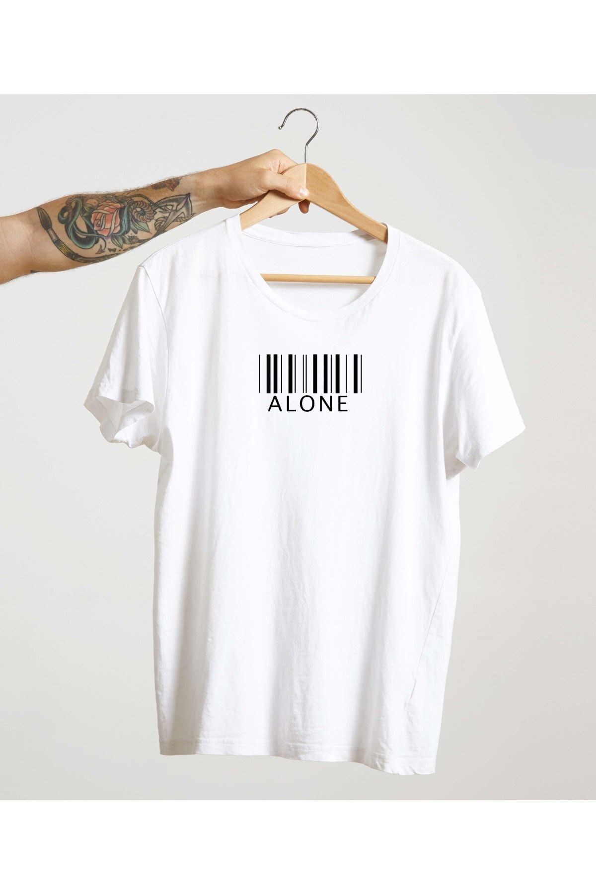 Unisex Beyaz %100 Pamuk Bisiklet Yaka Basic Örme T-shirt Alone