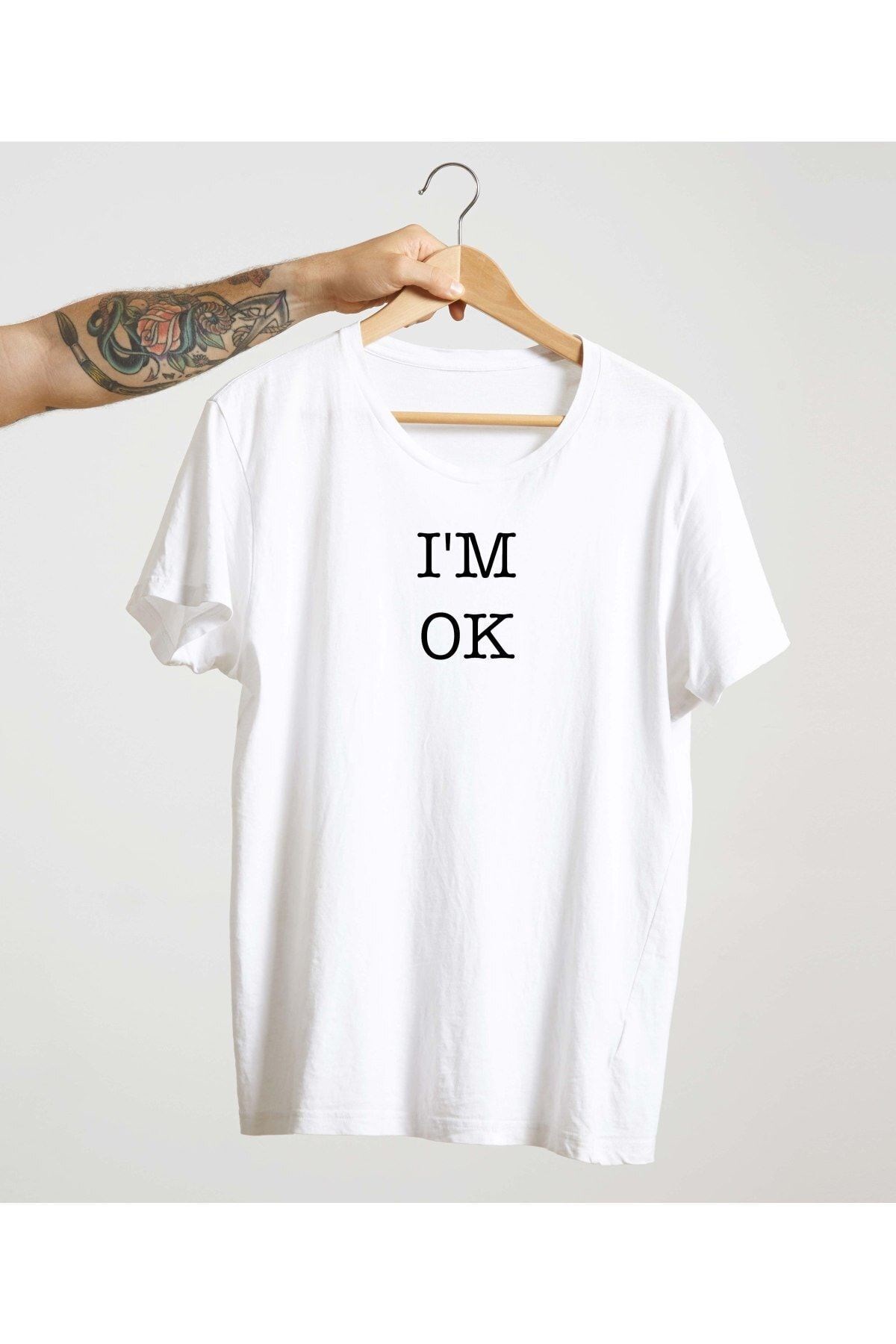 Unisex Beyaz %100 Pamuk Bisiklet Yaka Basic Örme T-shirt I Am Ok