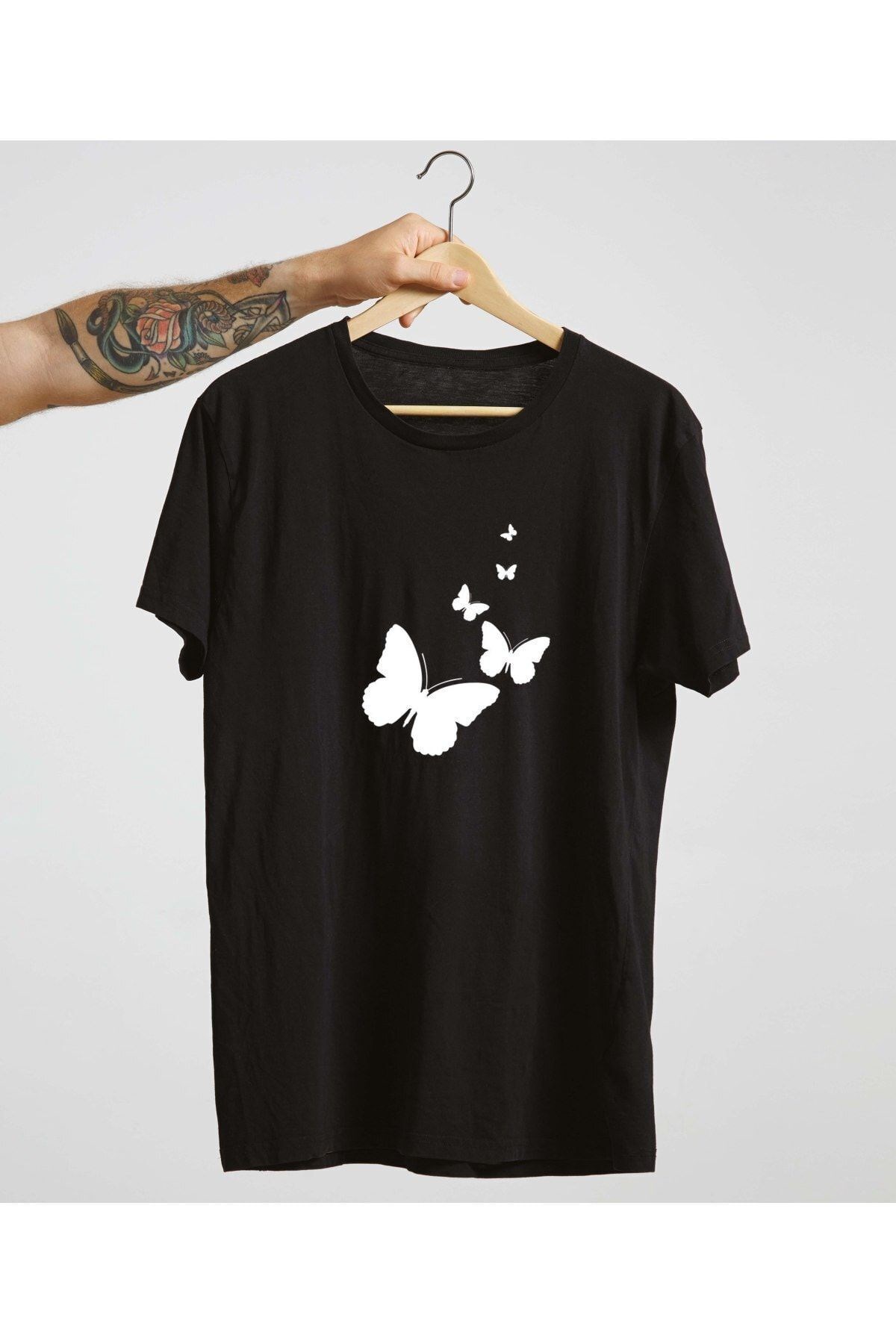 Unisex Beyaz %100 Pamuk Bisiklet Yaka Basic Örme T-shirt Kelebek