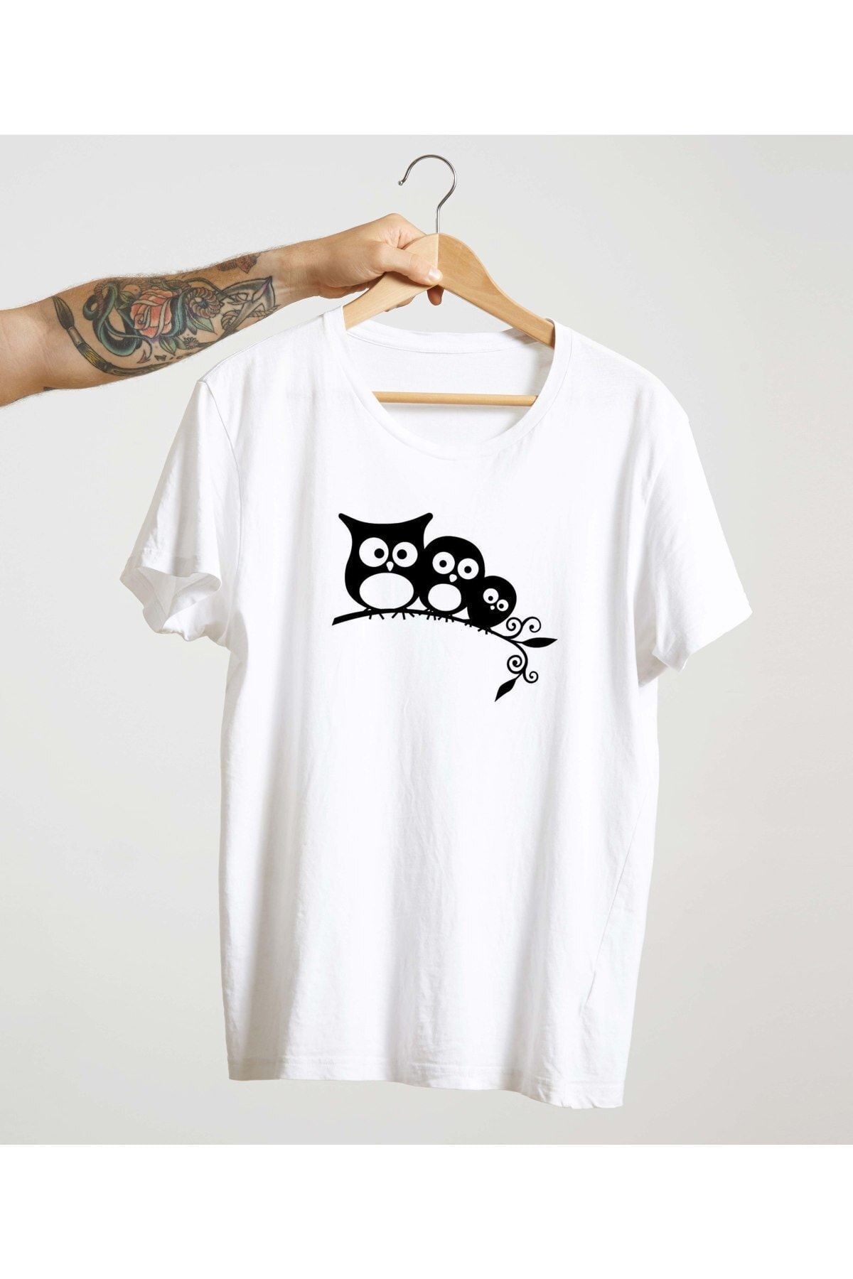 Unisex Beyaz %100 Pamuk Bisiklet Yaka Basic Örme T-shirt Baykuş