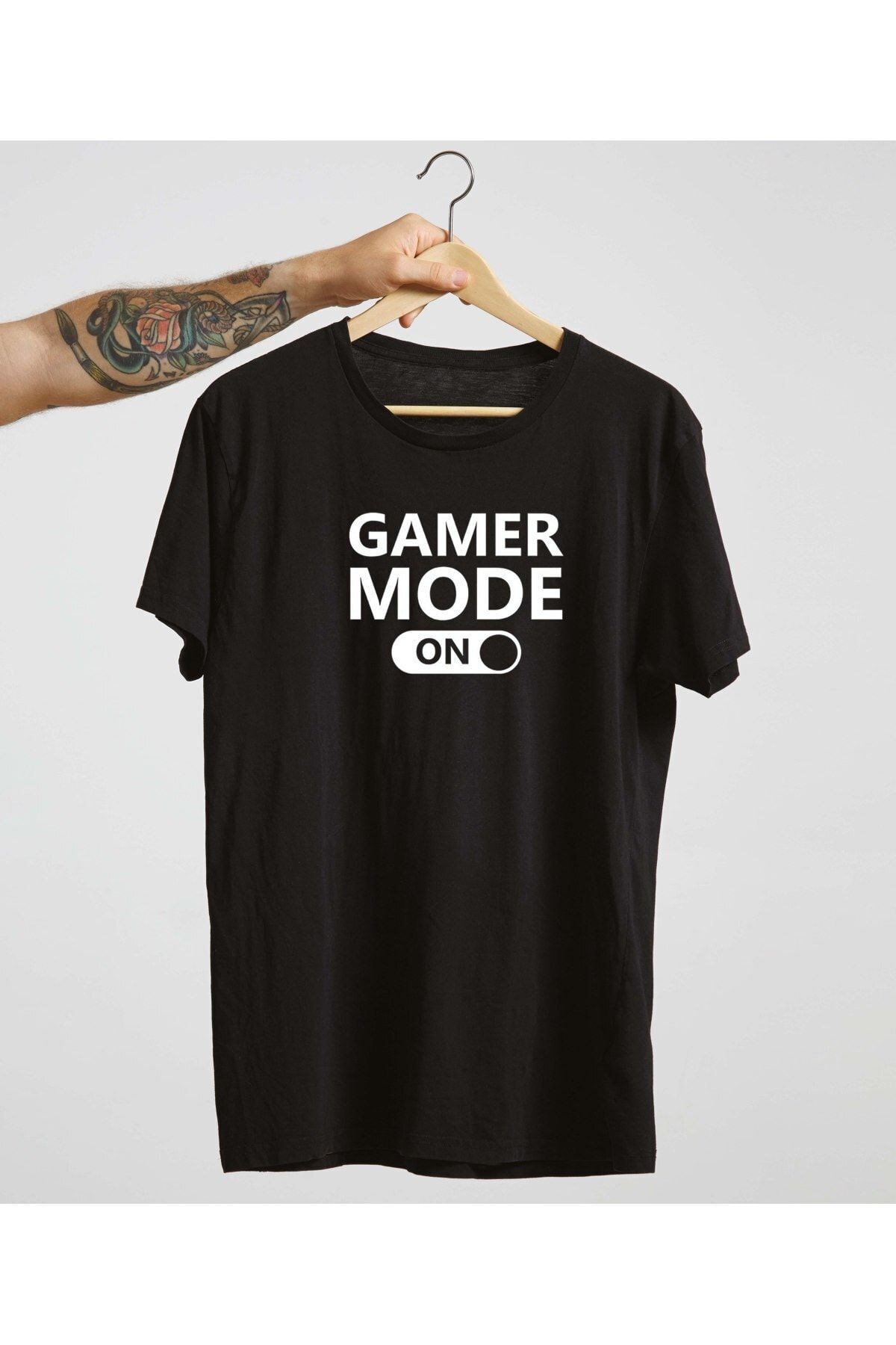 Unisex Beyaz %100 Pamuk Bisiklet Yaka Basic Örme T-shirt Gamer Mode On