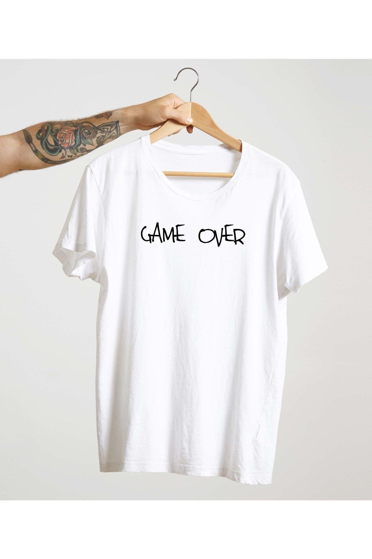 Unisex Beyaz %100 Pamuk Bisiklet Yaka Basic Örme T-shirt Game Over