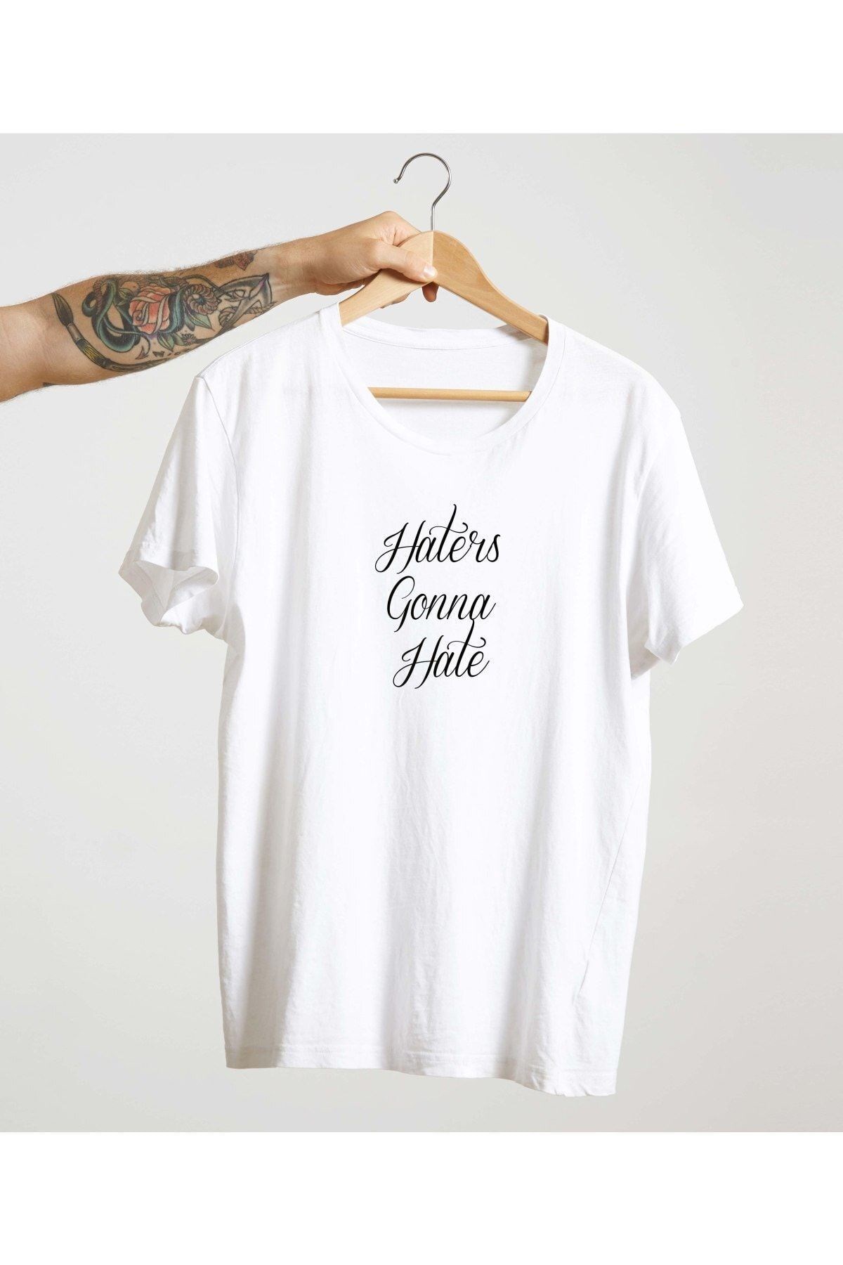 Unisex Beyaz %100 Pamuk Bisiklet Yaka Basic Örme T-shirt Haters Gonna Hate