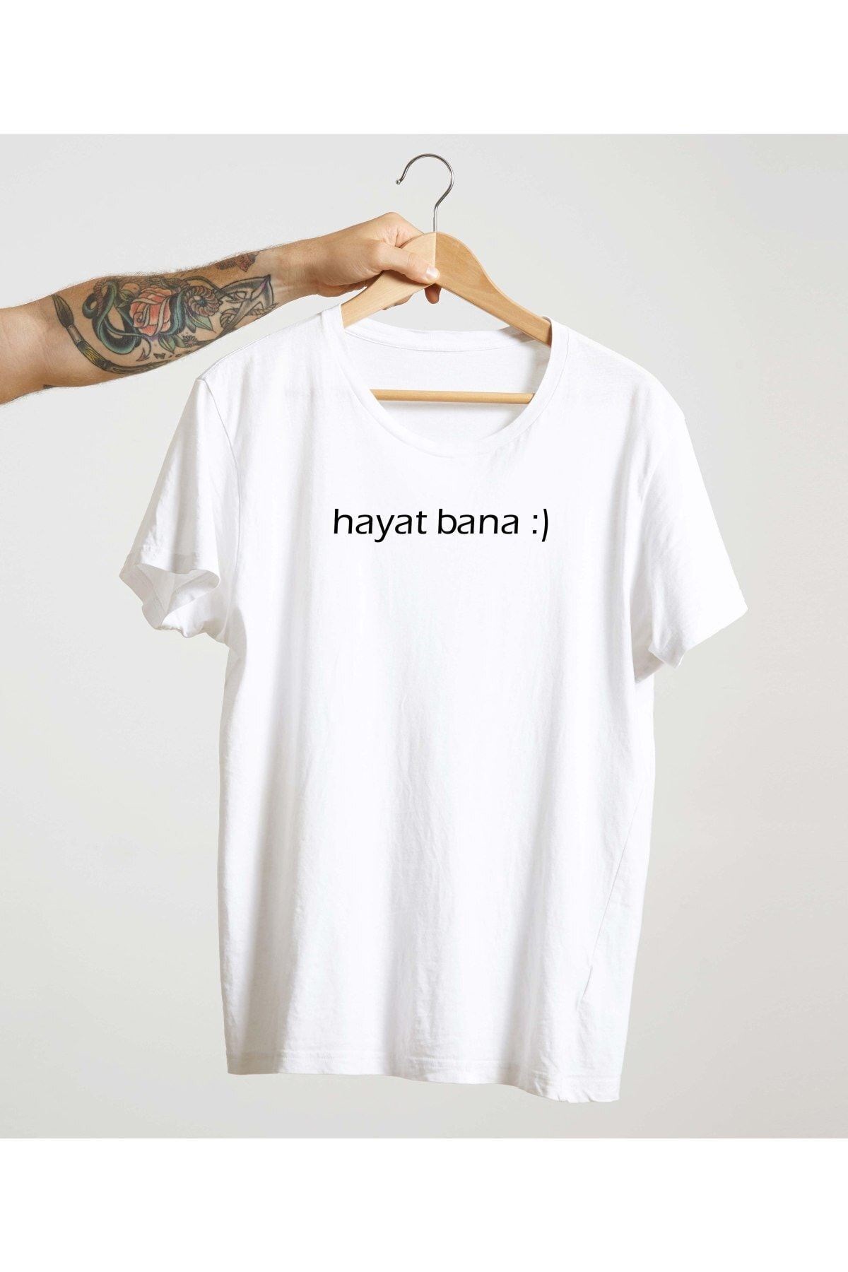 Unisex Beyaz %100 Pamuk Bisiklet Yaka Basic Örme T-shirt Hayat Bana Güzel