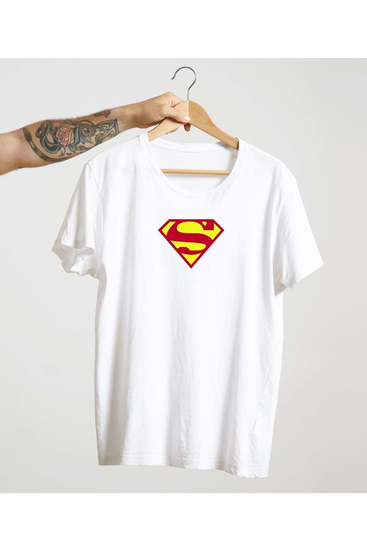 Unisex Beyaz %100 Pamuk Bisiklet Yaka Basic Örme T-shirt Superman