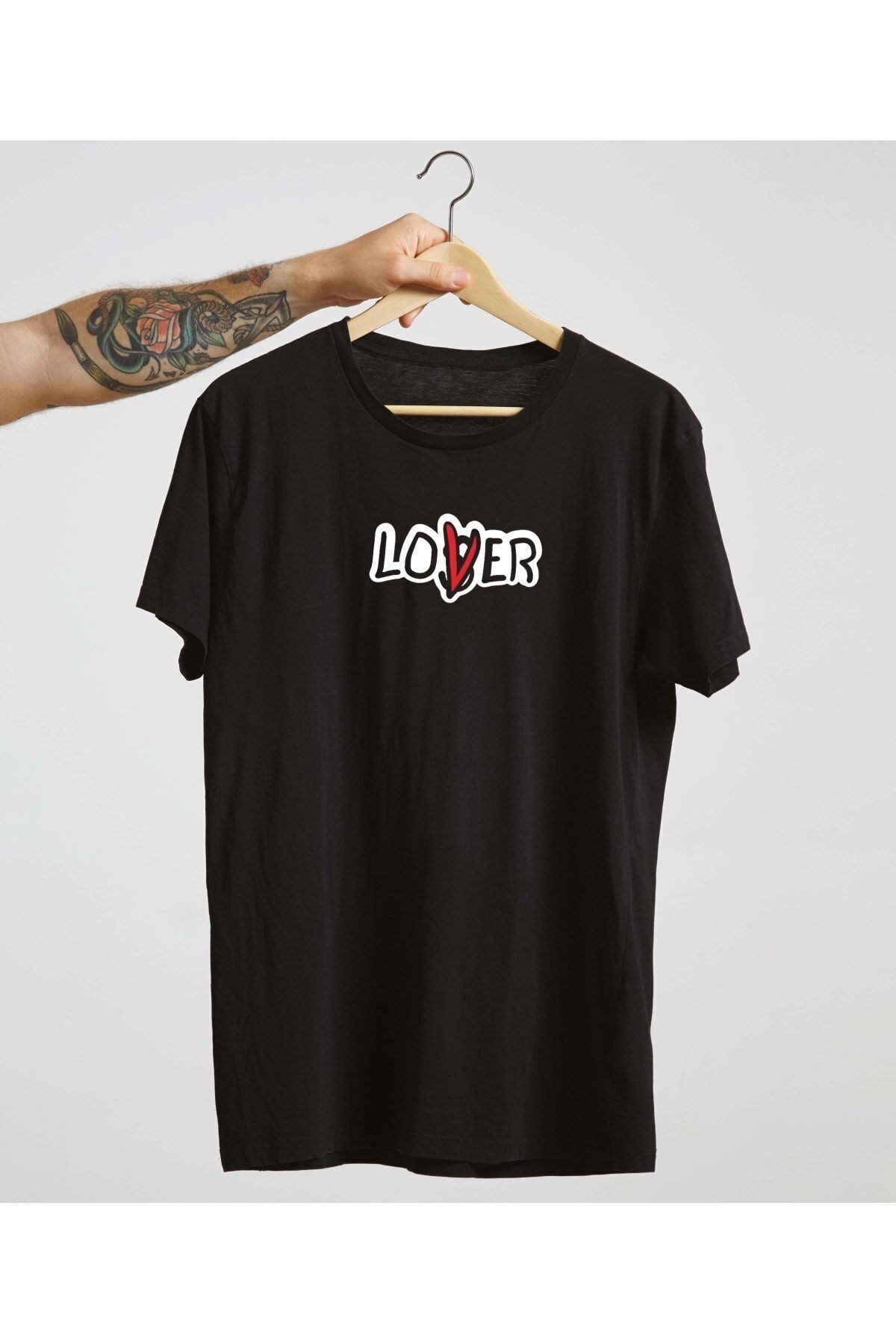 Unisex Beyaz %100 Pamuk Bisiklet Yaka Basic Örme T-shirt Lover Loser