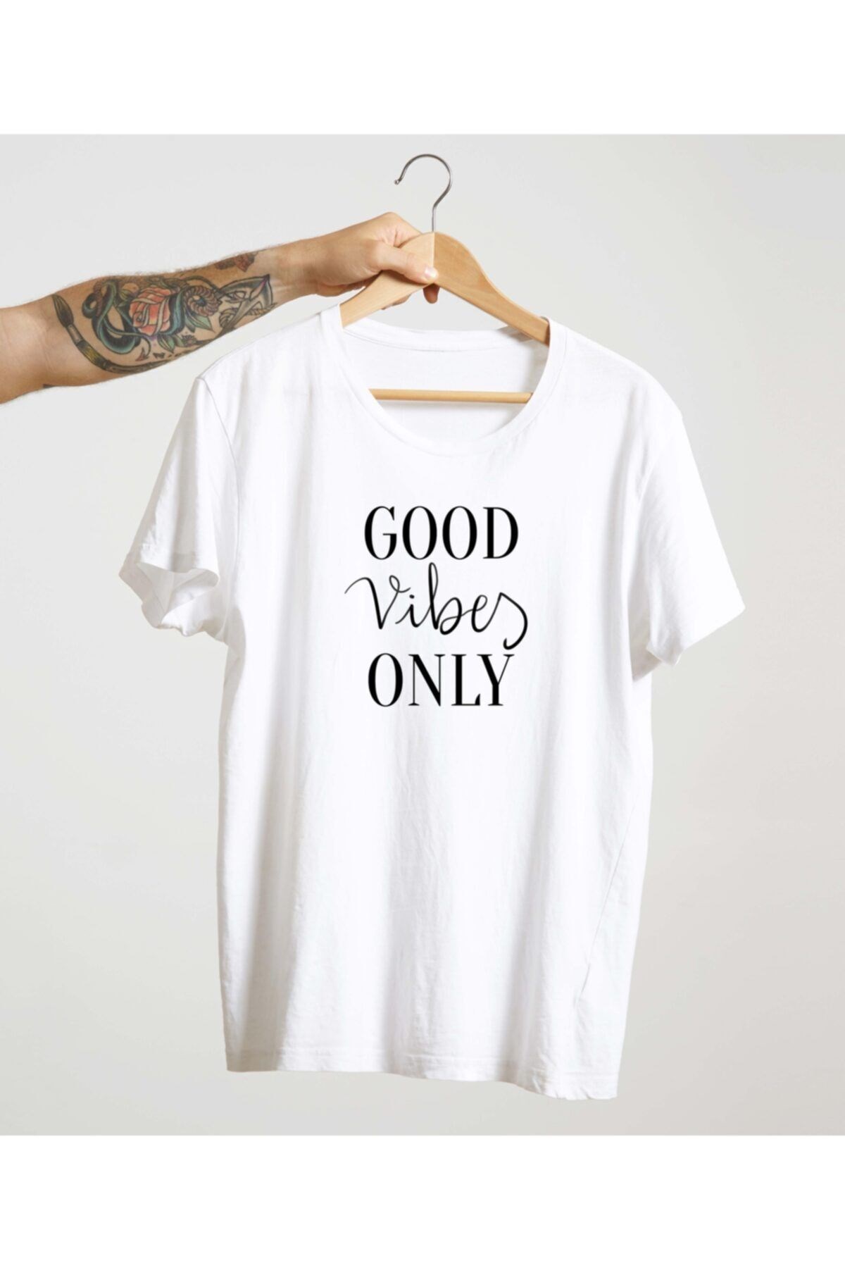 Unisex Beyaz %100 Pamuk Bisiklet Yaka Basic Örme T-shirt Good Vibes Only