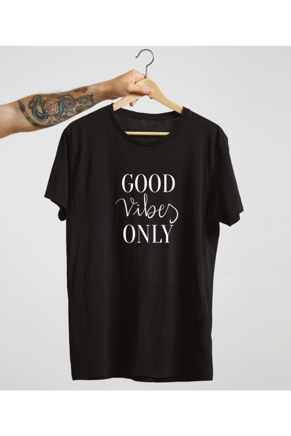 Unisex Beyaz %100 Pamuk Bisiklet Yaka Basic Örme T-shirt Good Vibes Only
