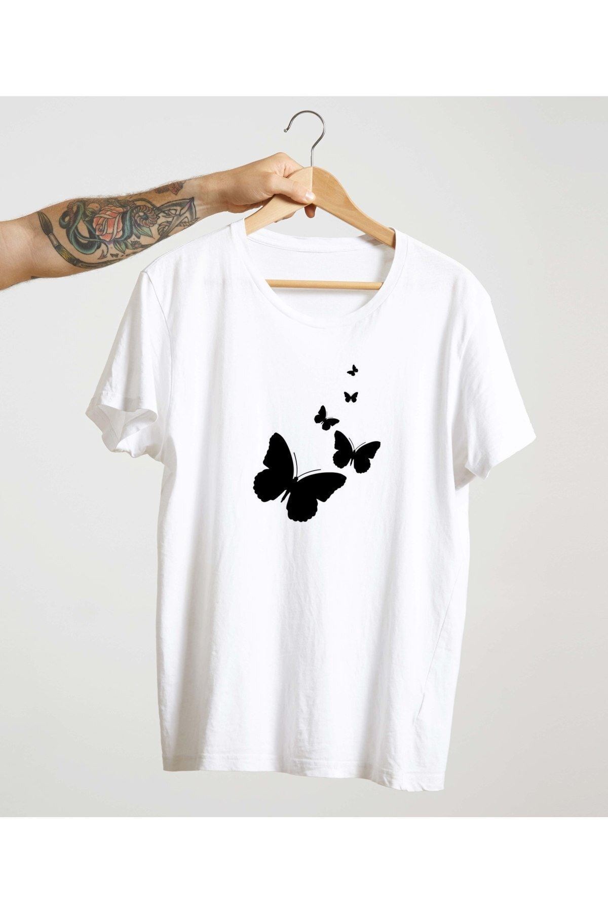 Unisex Beyaz %100 Pamuk Bisiklet Yaka Basic Örme T-shirt Kelebek
