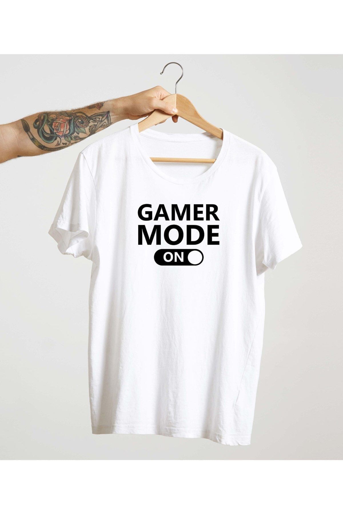 Unisex Beyaz %100 Pamuk Bisiklet Yaka Basic Örme T-shirt Gamer Mode On