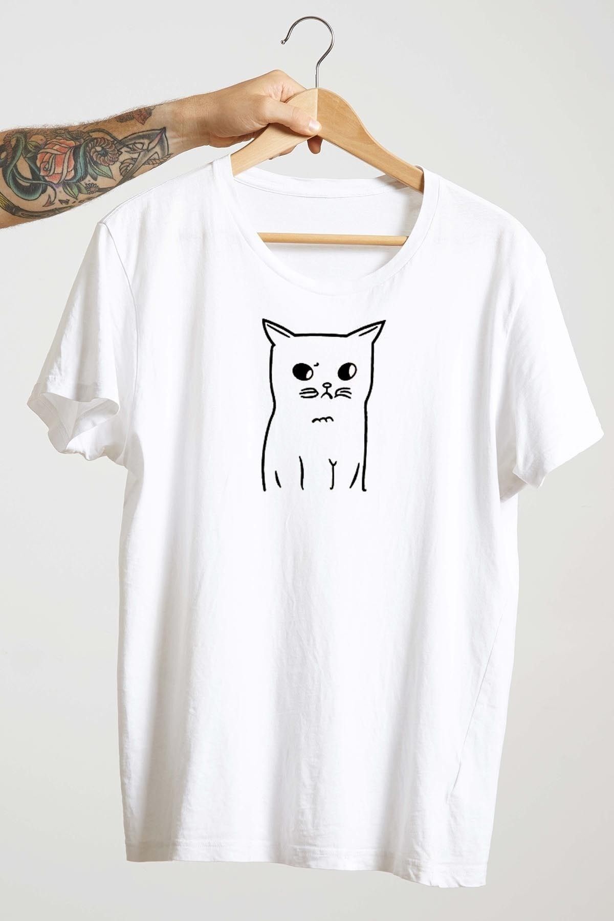 Unisex Beyaz Tasarım T-shirt Kedicik