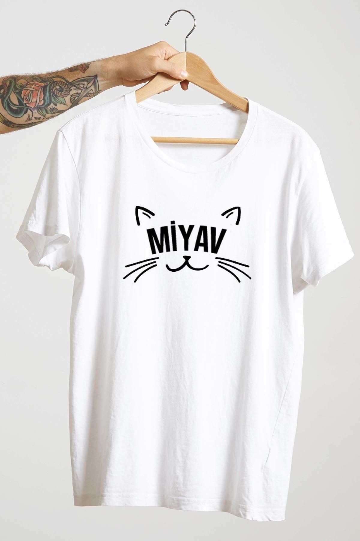 Unisex Beyaz Tasarım T-shirt Miyav
