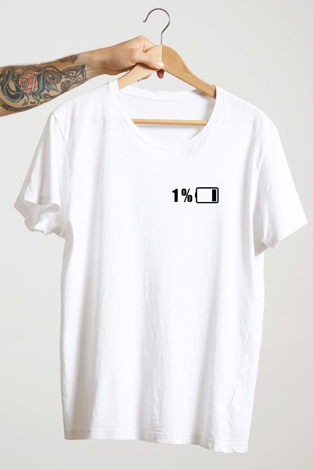 Unisex Beyaz Tasarım T-Shirt Pil Bitti