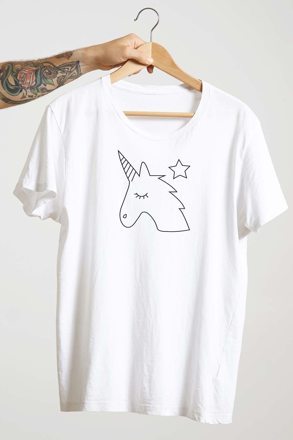 Unisex Beyaz Tasarım T-Shirt Unicorn