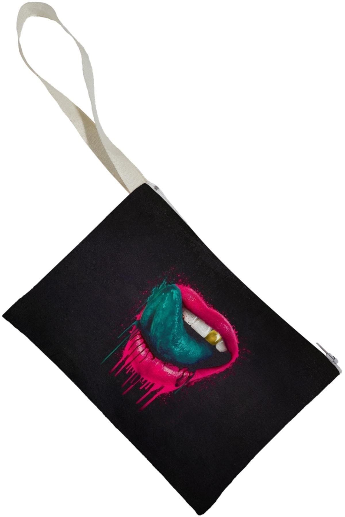 Unisex Dudak Desenli Portföy Clutch Çanta