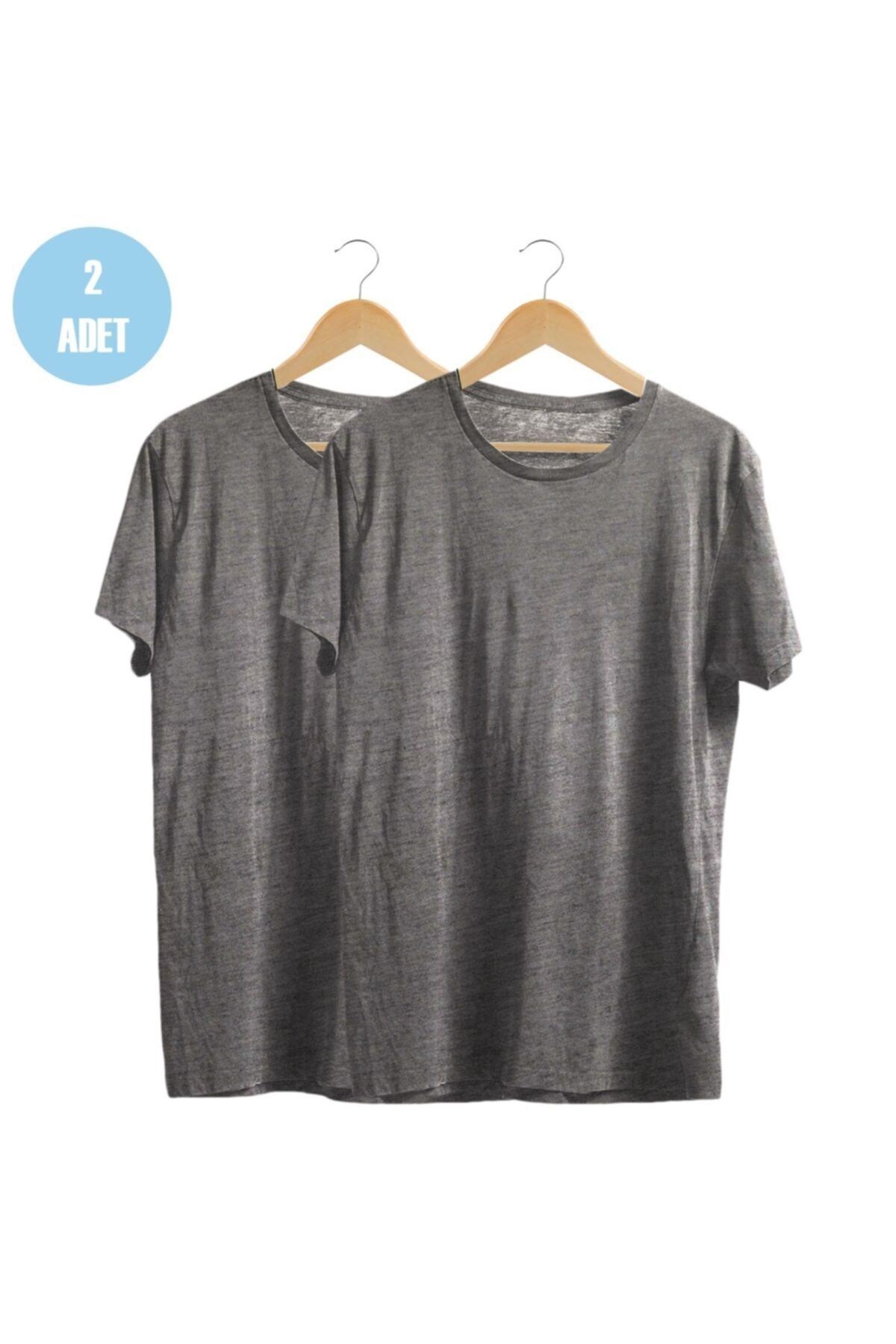 Unisex Gri %100 Pamuk Bisiklet Yaka Basic Örme T-shirt Ikili
