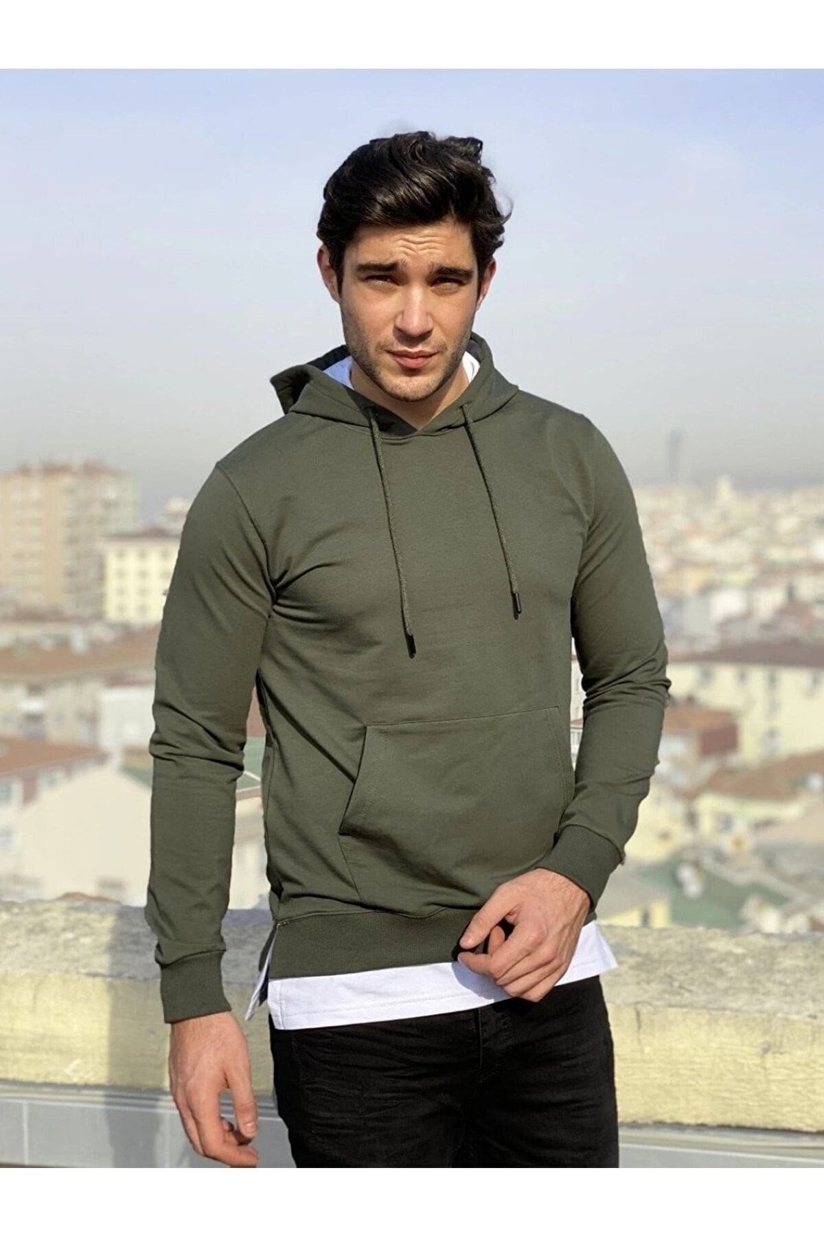 Unisex Haki Kapüşonlu Sweatshirt