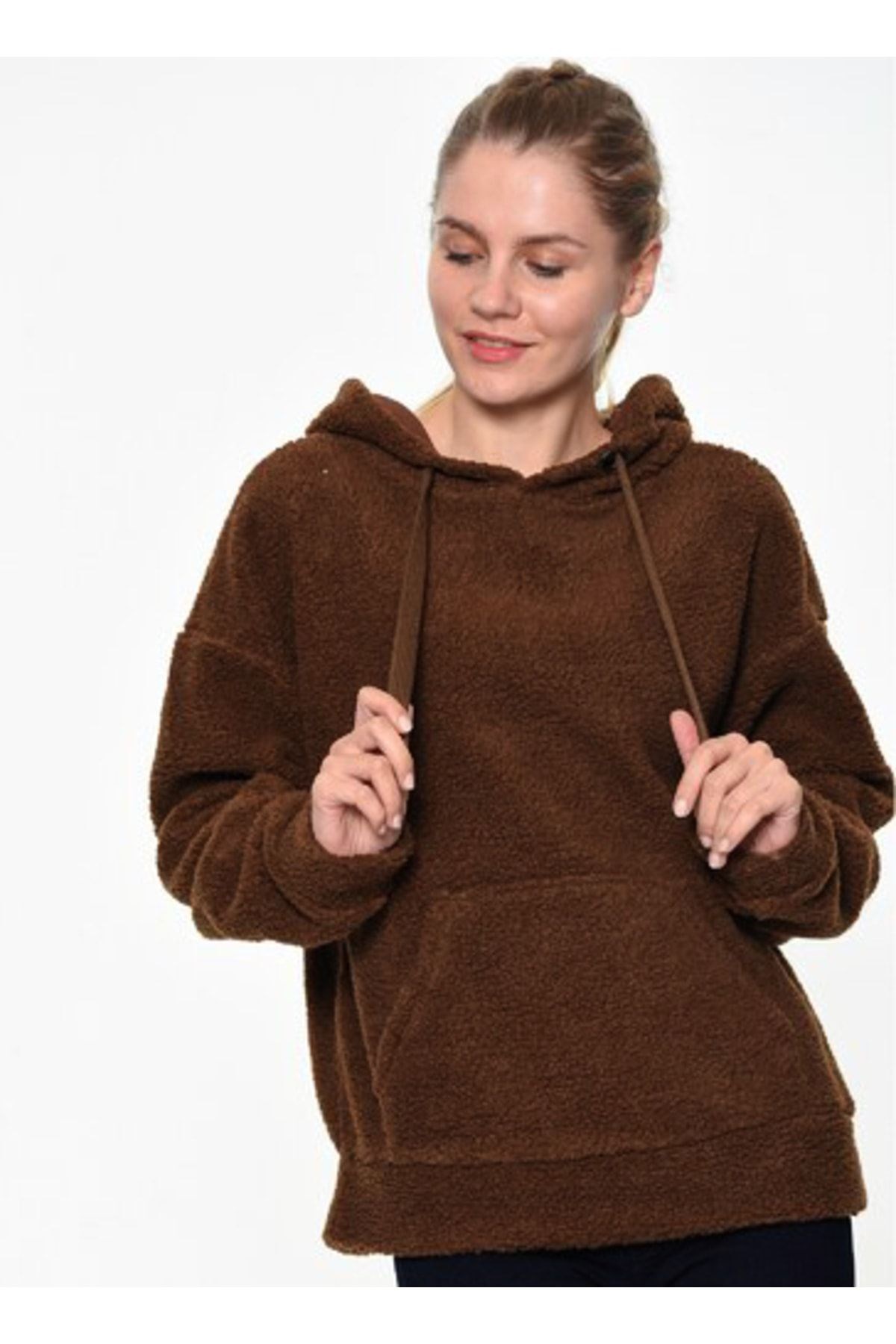 Unisex Kahverengi Peluş Kapüşonlu Sweatshirt