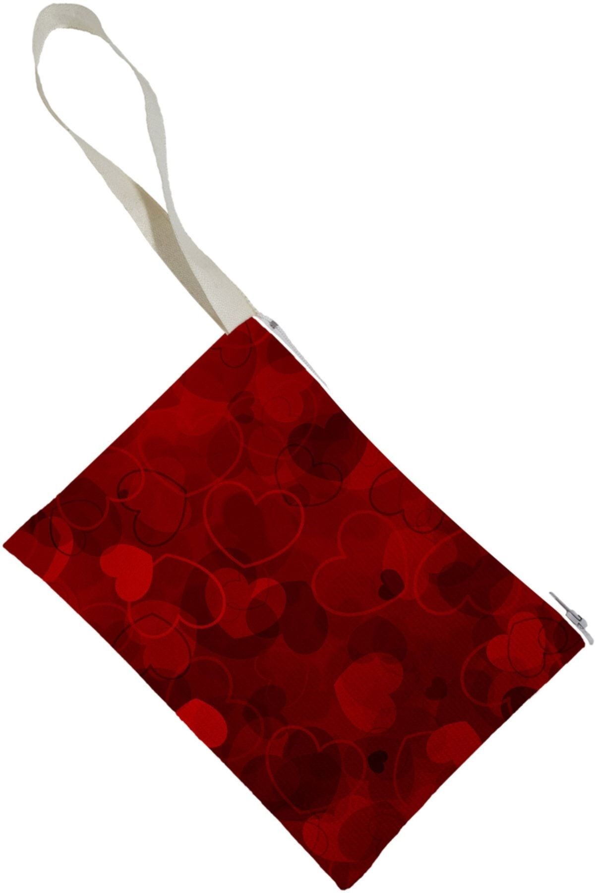 Unisex Kirmizi Kalpler Desenli Portföy Clutch Çanta