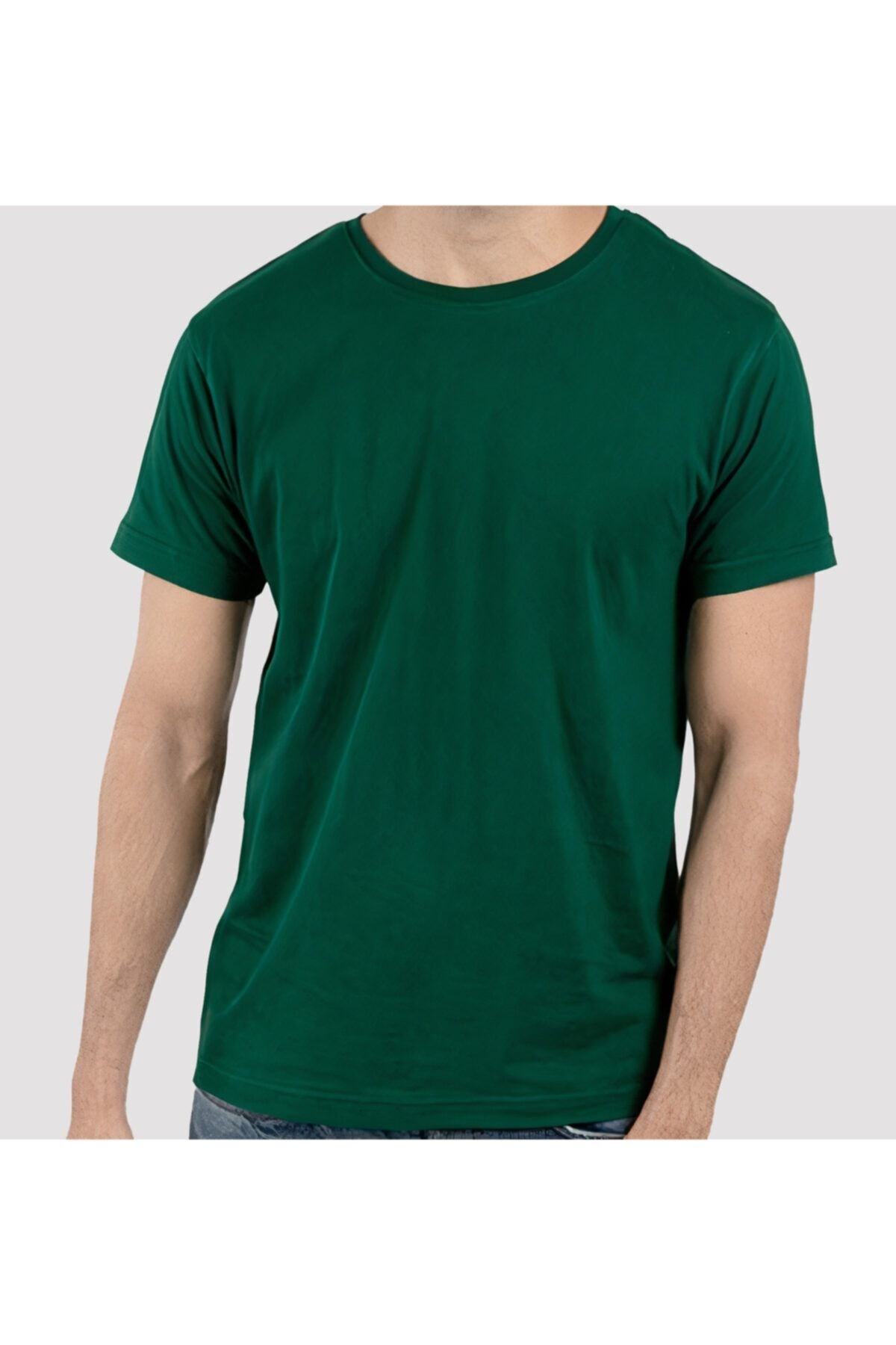 Unisex Koyu Yeşil %100 Pamuk Bisiklet Yaka Basic Örme T-shirt Üçlü
