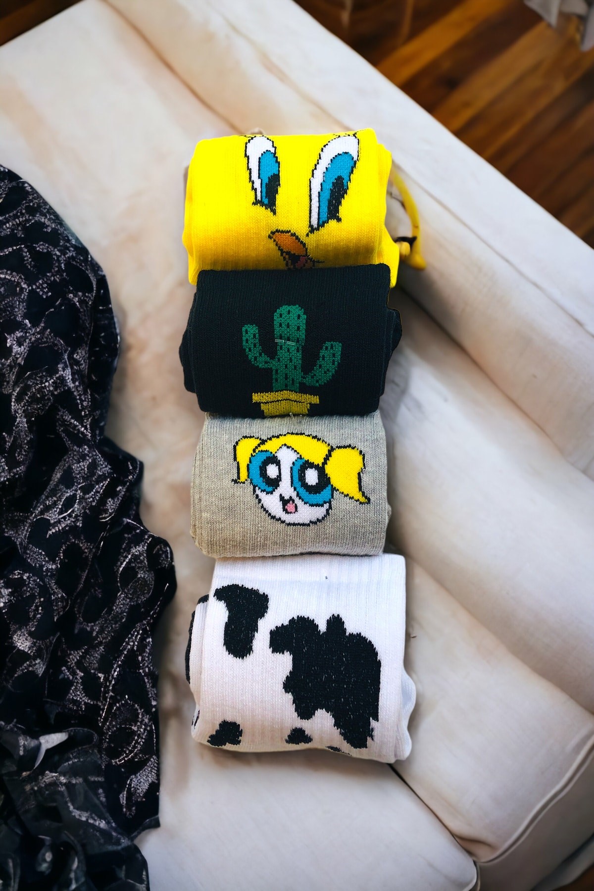 Unisex Renkli 4 Çift Desenli Fitilli Kolej Çorap Seti