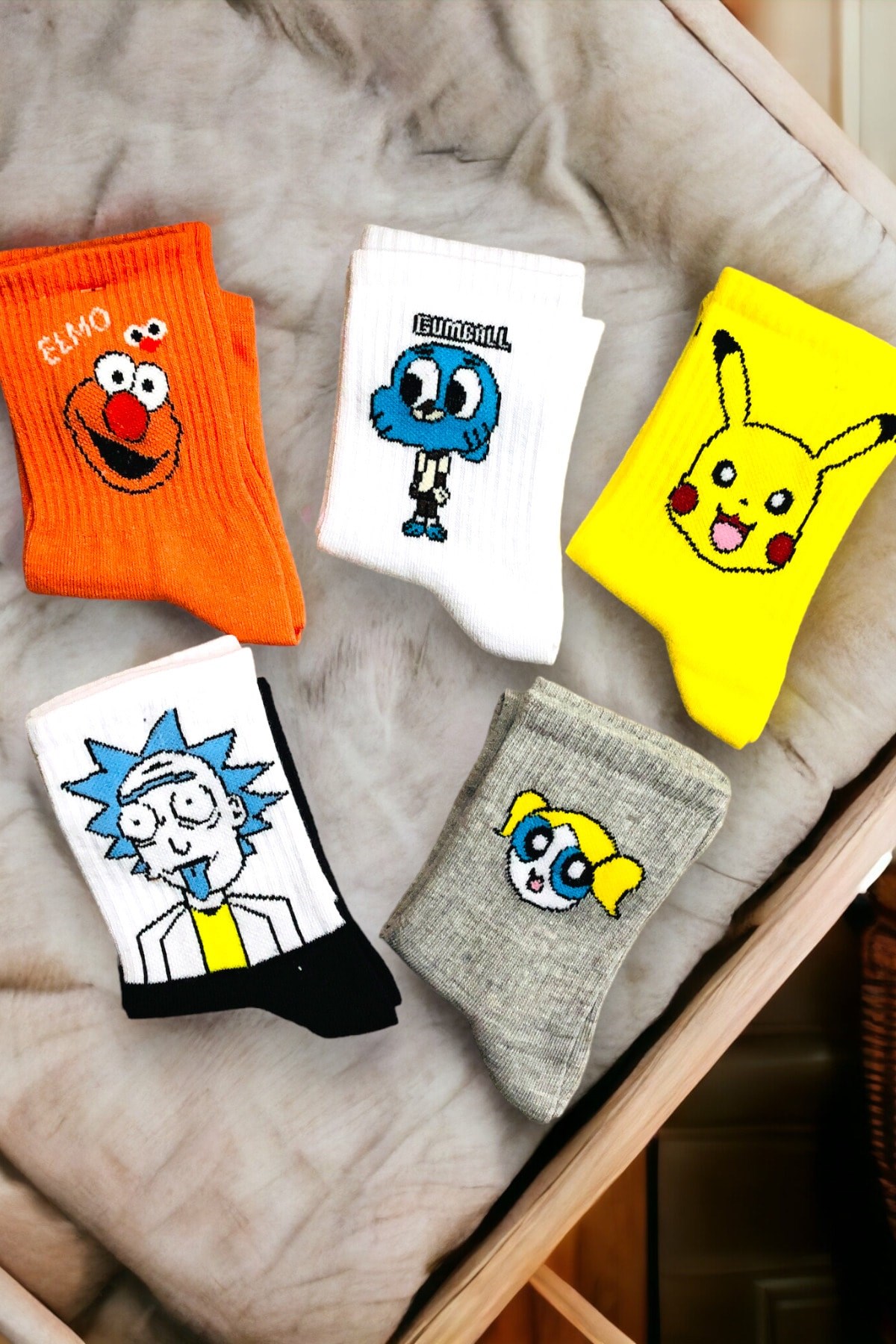 Unisex Renkli 5 Çift Desenli Fitilli Kolej Çorap Seti
